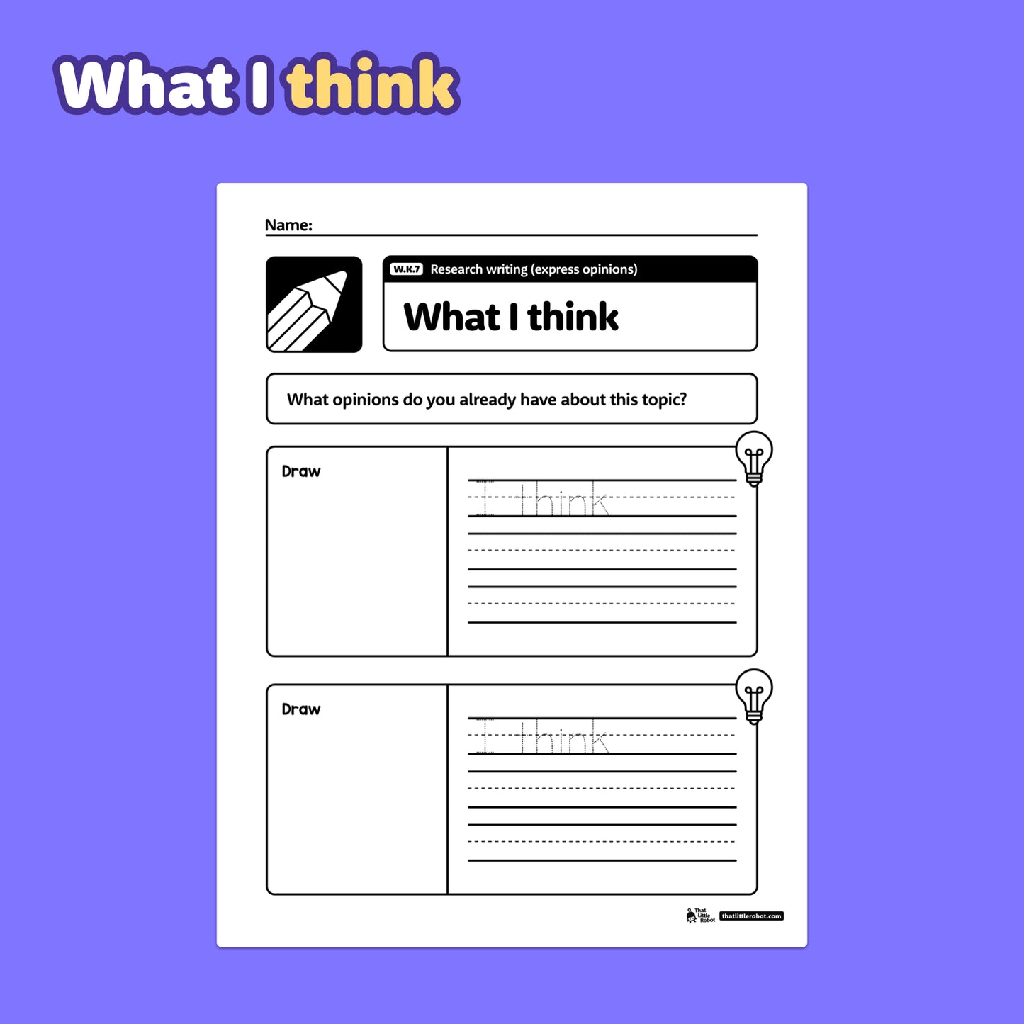 Worksheet with sections for drawing and writing on research topics.