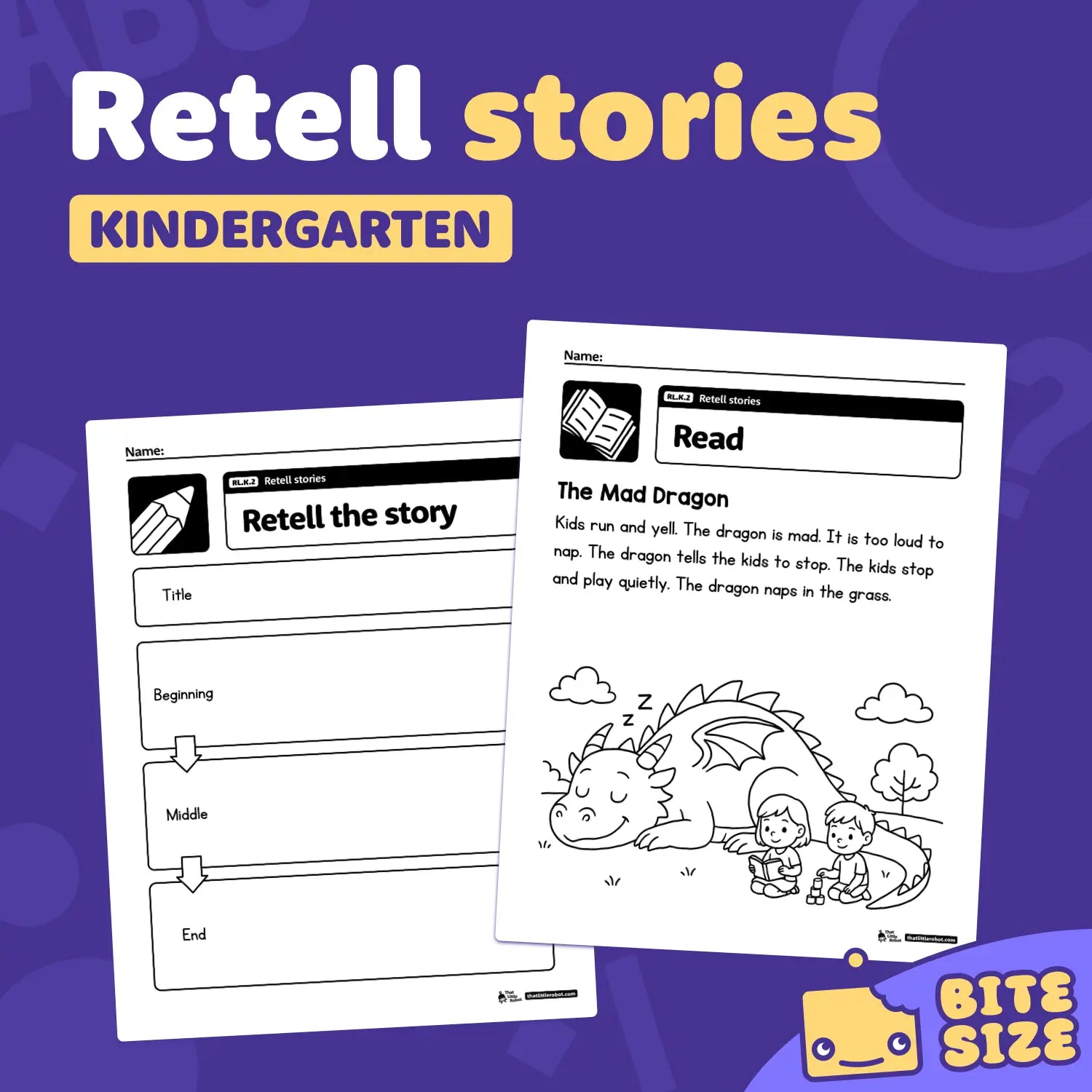 Printable kindergarten worksheets with pictures and spaces for retelling stories.