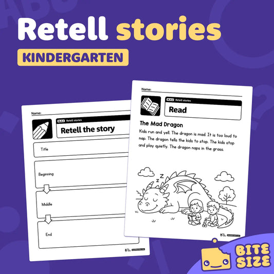 Printable kindergarten worksheets with pictures and spaces for retelling stories.