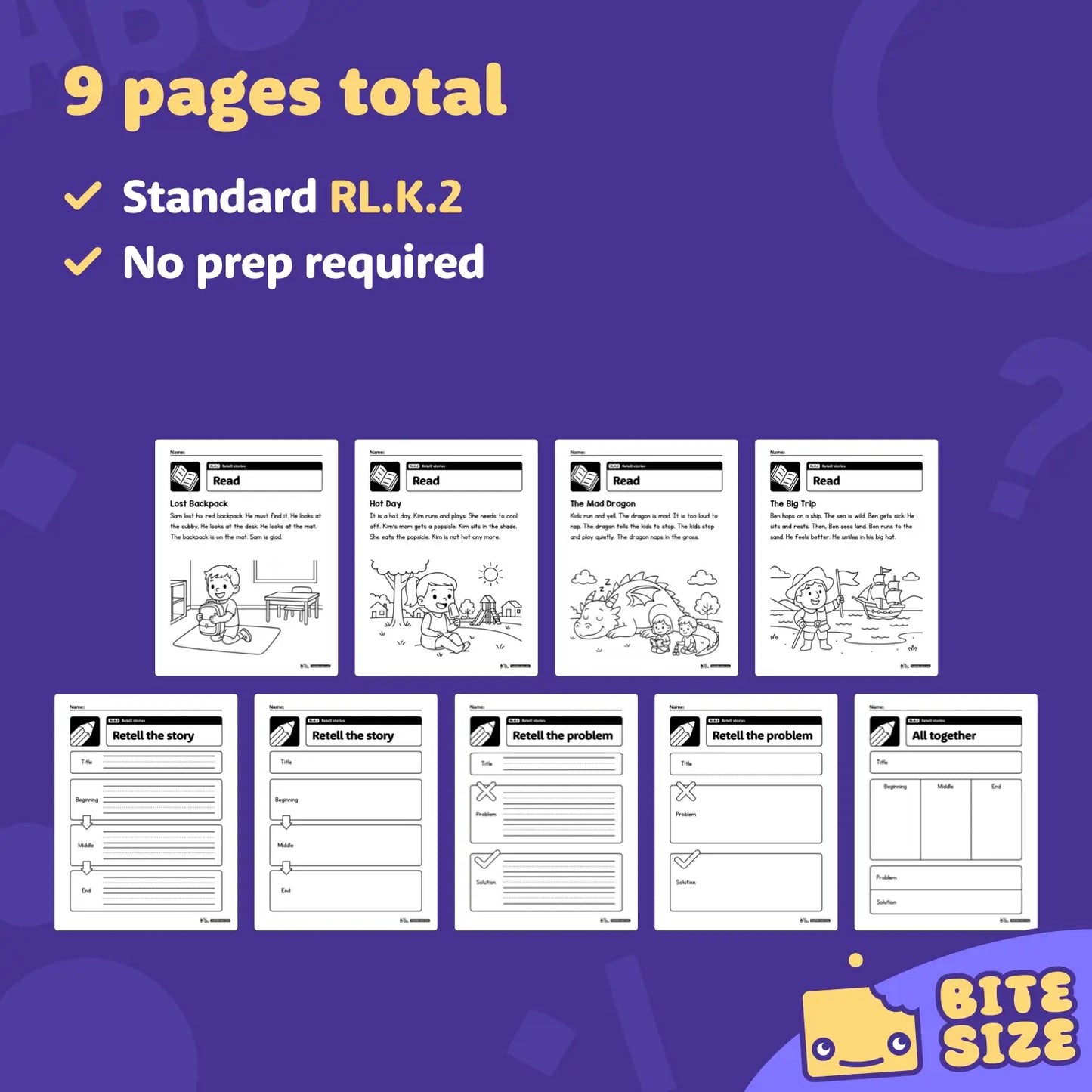 Preview showing 9 black and white kindergarten story retell worksheets.