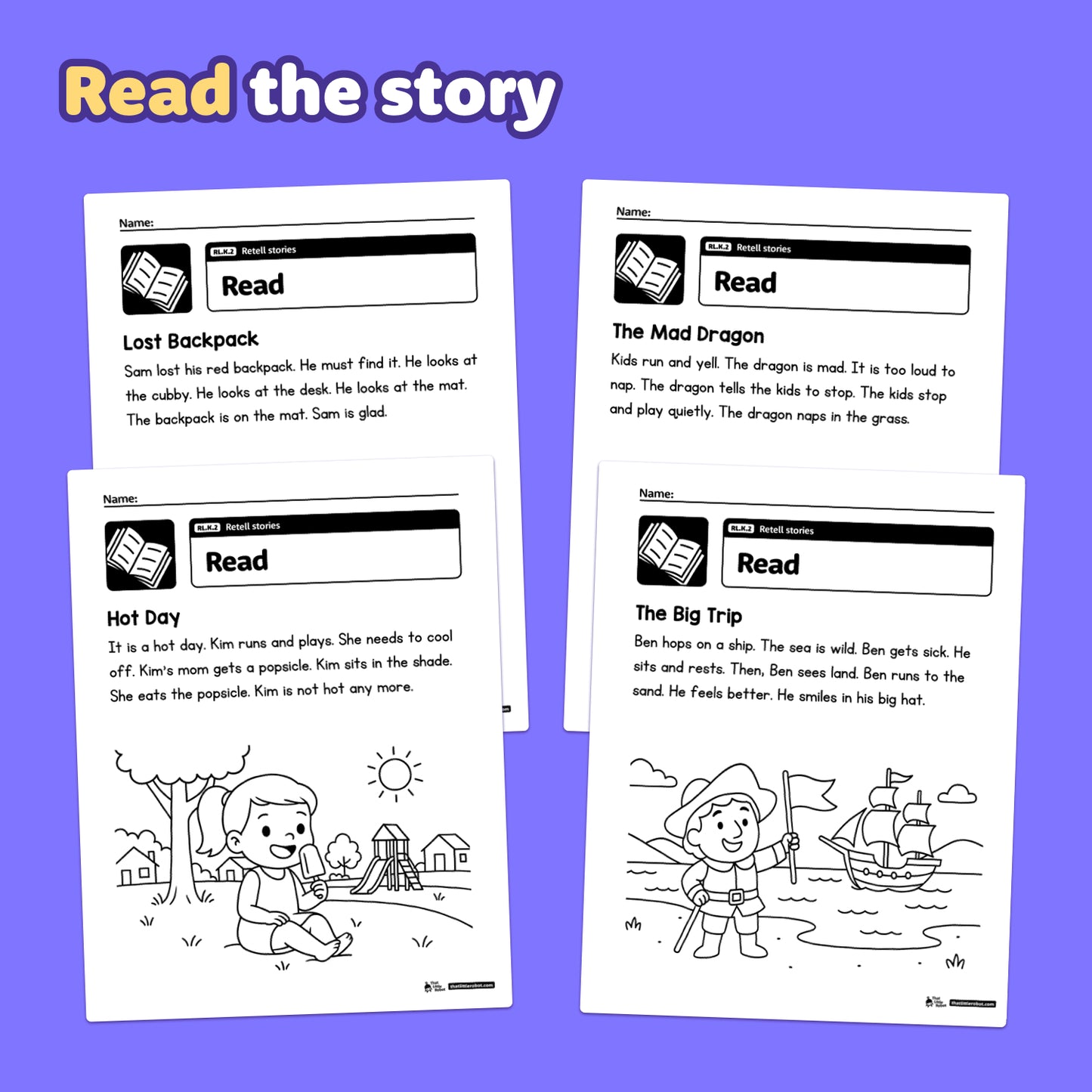 Printable kindergarten worksheets for retelling stories with text and icons visible.