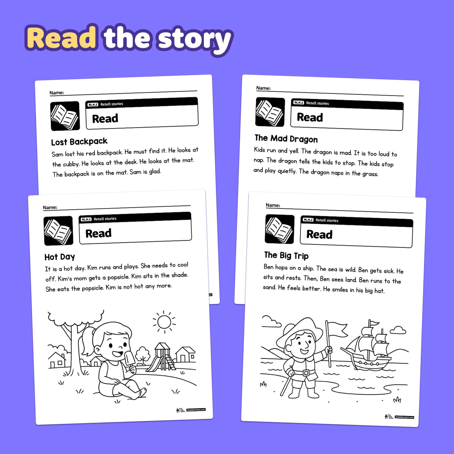 Printable kindergarten worksheets for retelling stories with text and icons visible.