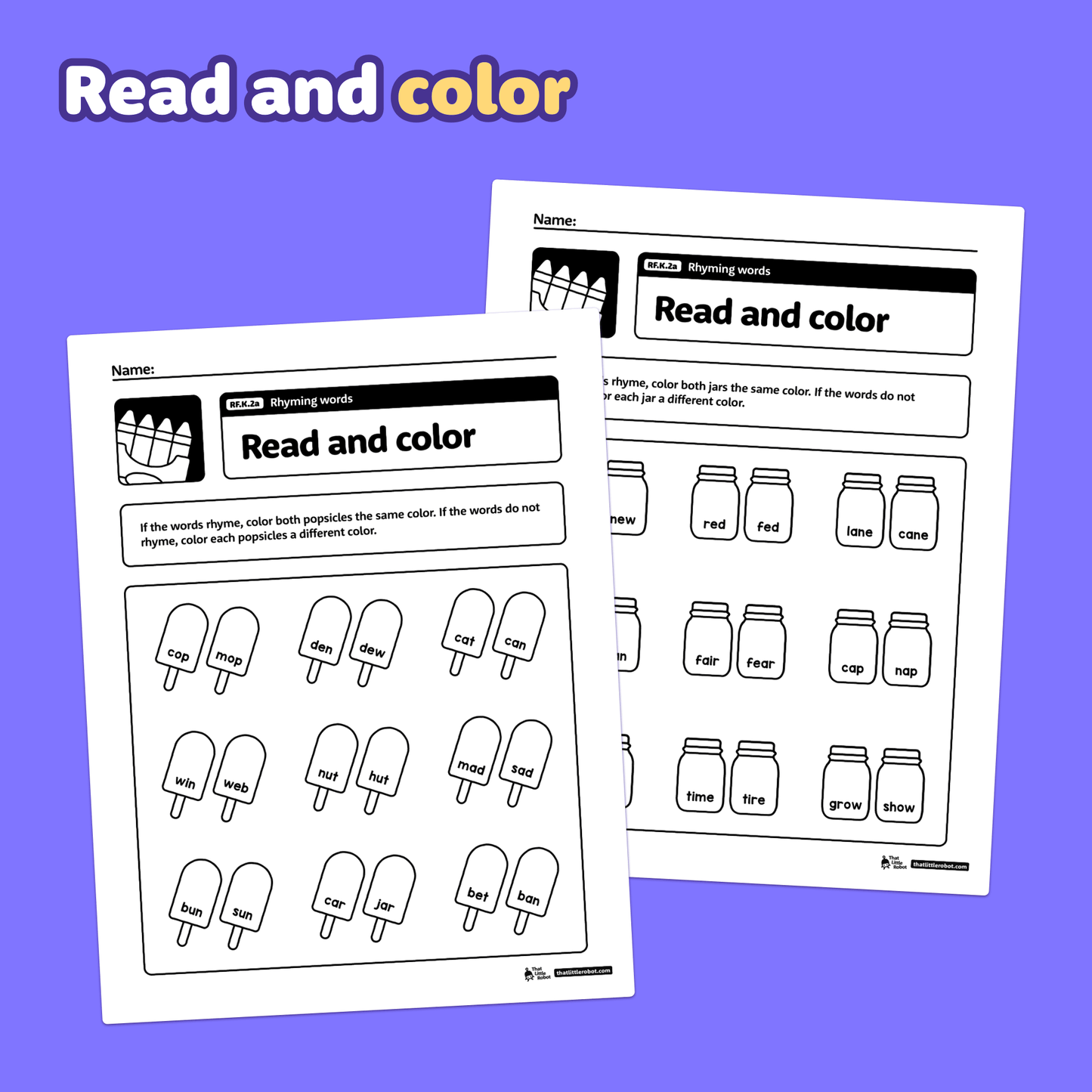 Two kindergarten worksheets with rhyming word activities and read and color tasks.