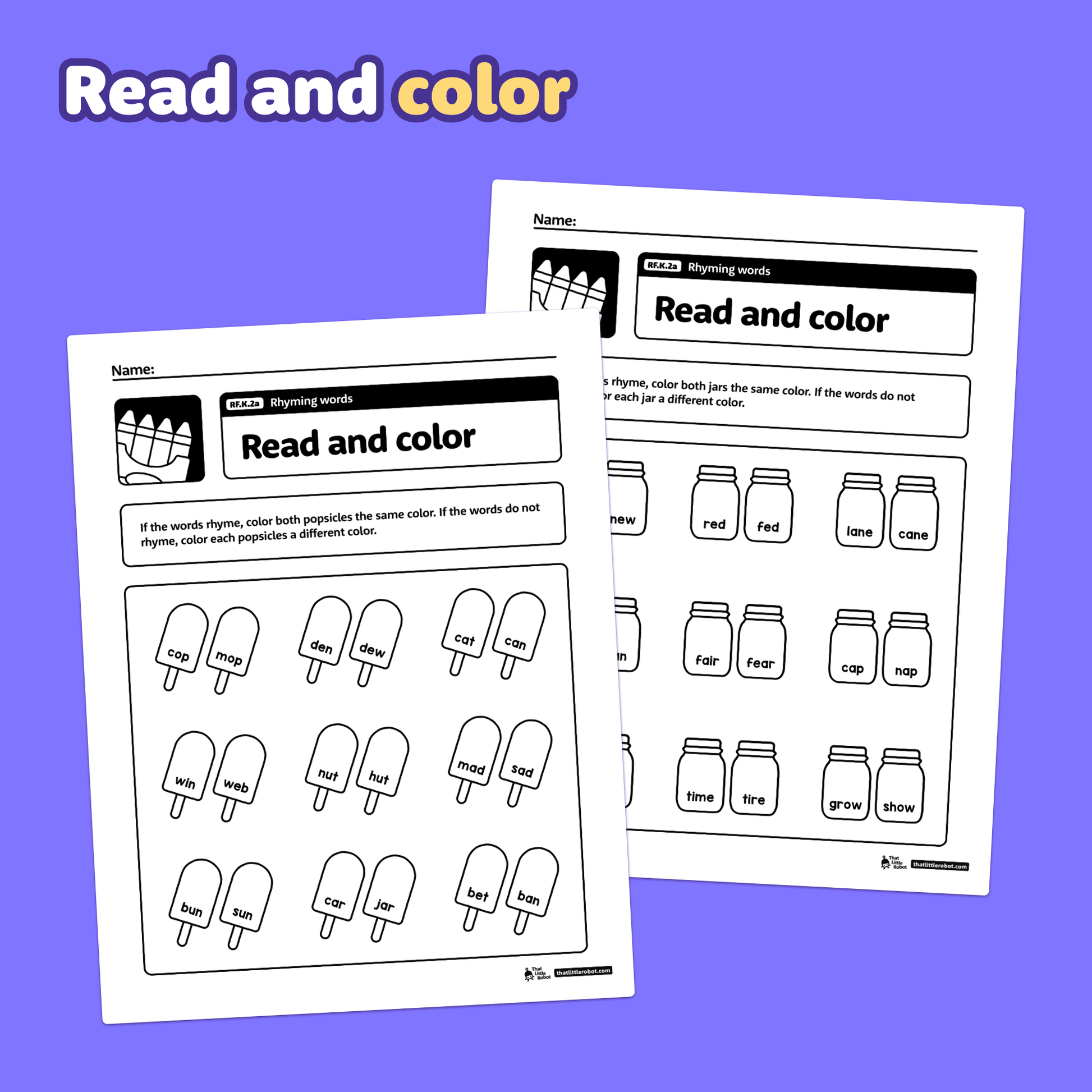 Two kindergarten worksheets with rhyming word activities and read and color tasks.