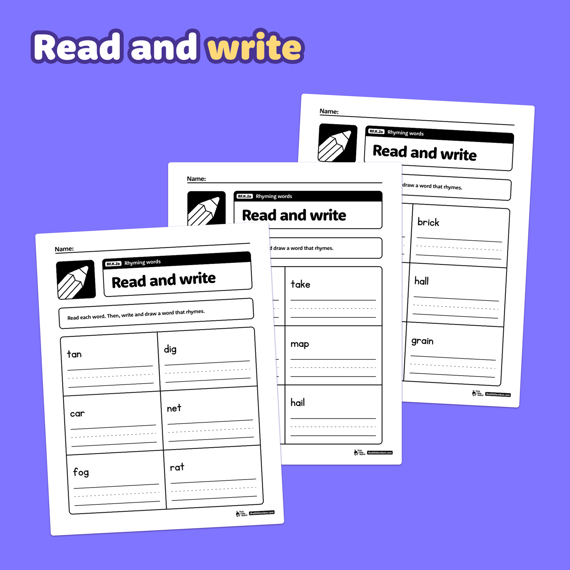 Printable kindergarten rhyming words worksheets labeled RF.K.2a.