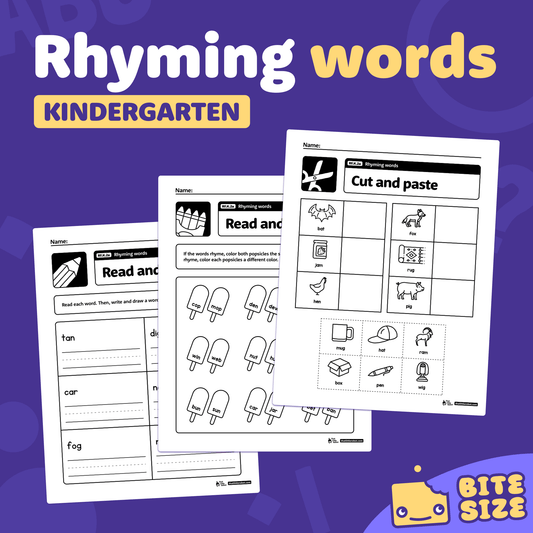 Kindergarten rhyming word worksheets with RF.K.2a and Bite Size logo show.