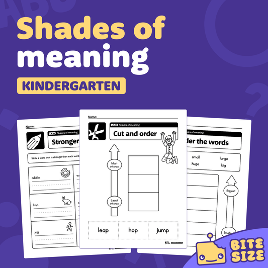 Printable kindergarten worksheets with shades of meaning word activities displayed.
