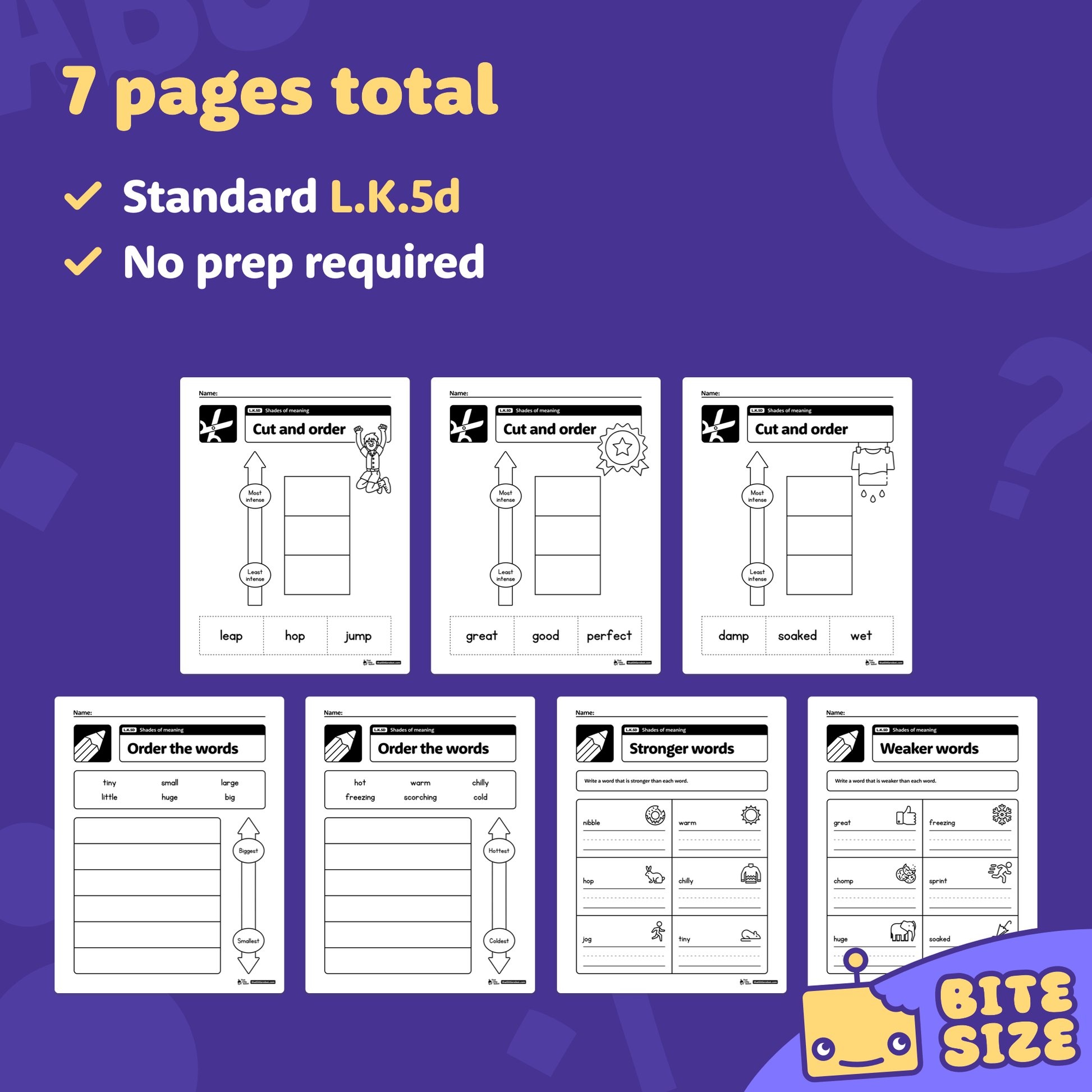 Preview of 7 printable Kindergarten worksheets and Bite Size logo.