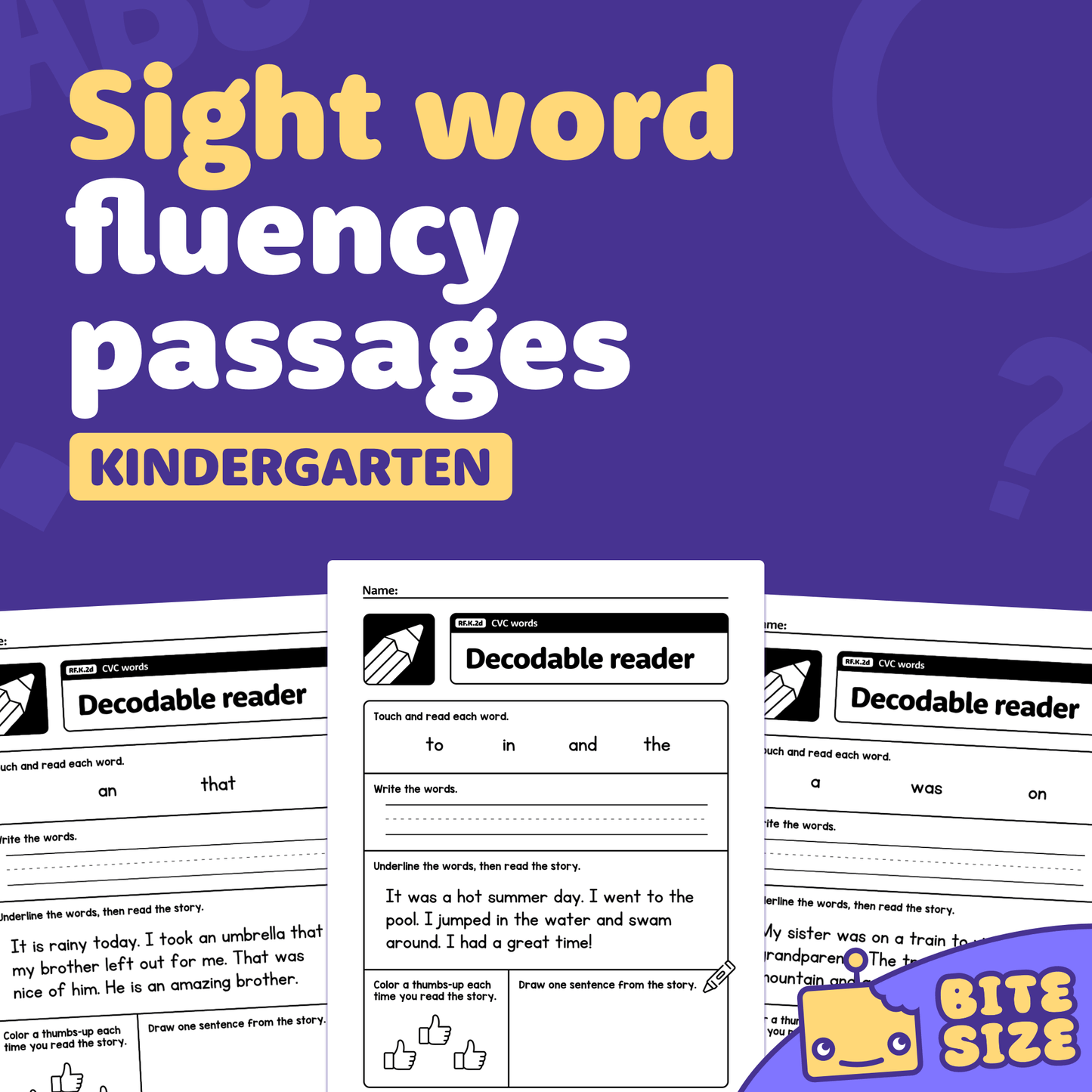 Three worksheets with kindergarten sight word fluency passages and activity boxes.