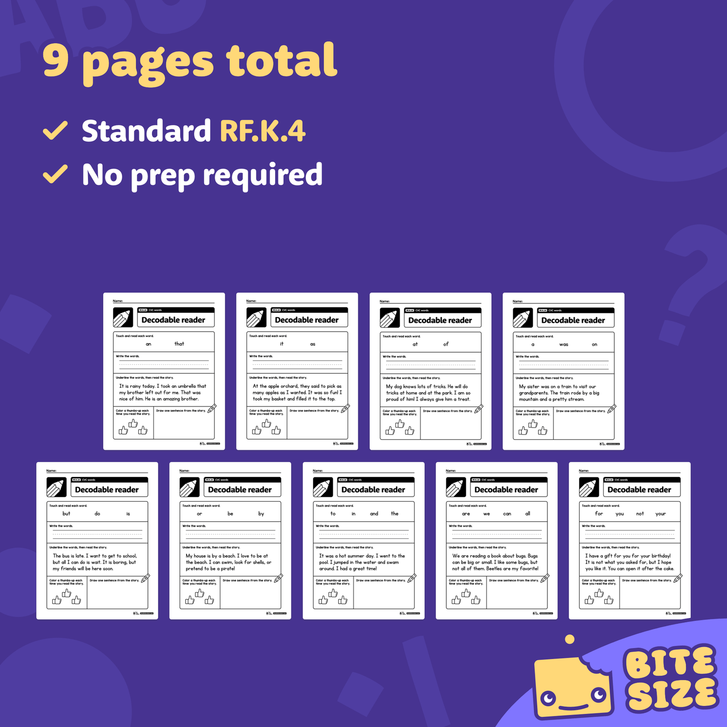 Preview of nine worksheet pages with sight word fluency passages for kids.