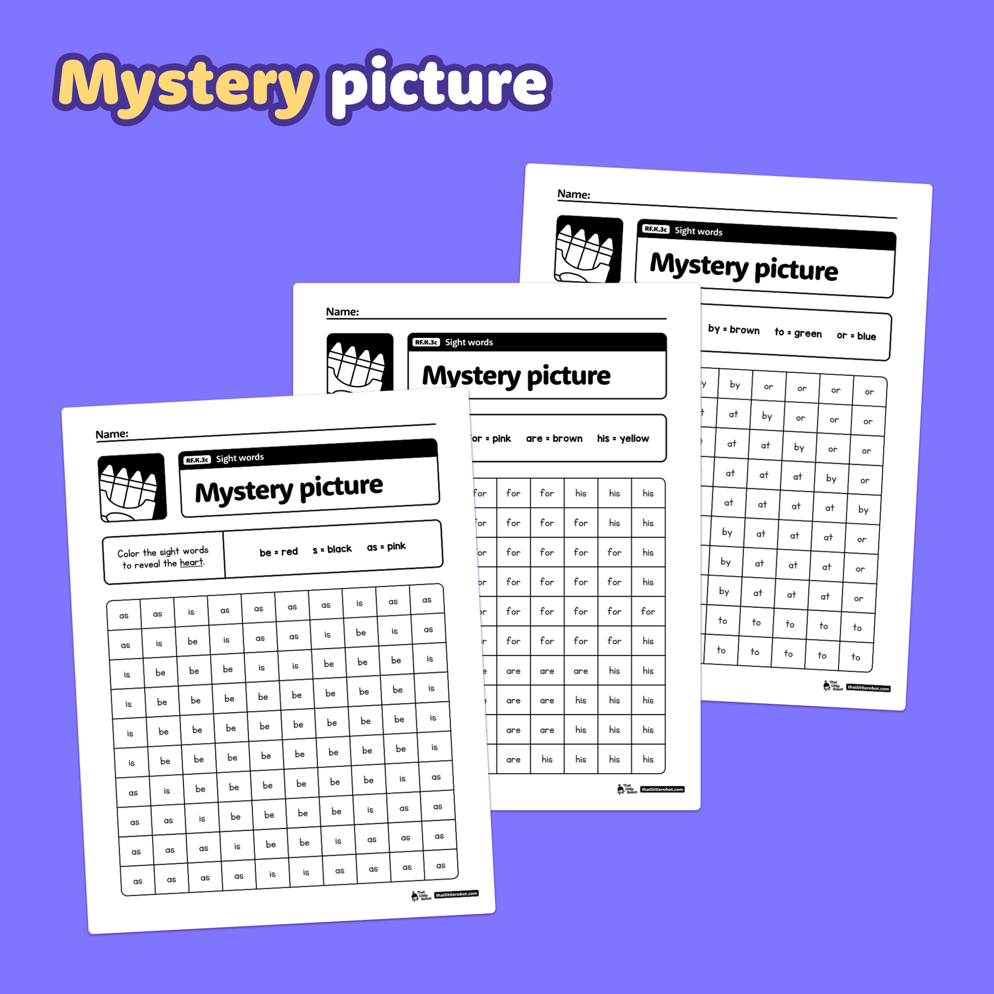 Printable kindergarten sight word worksheets displayed in a PDF format.