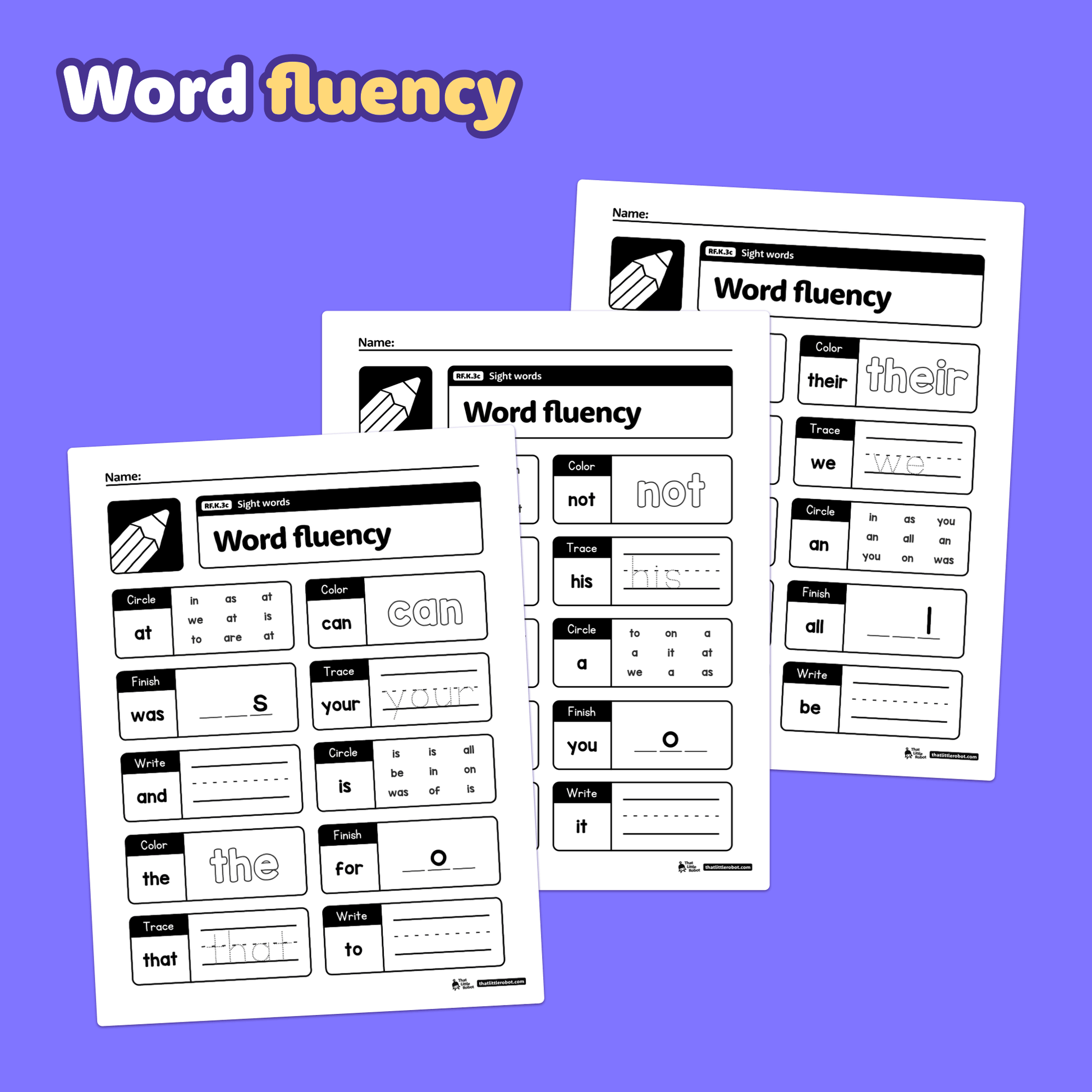 A set of kindergarten sight word worksheets labeled RF.K.3c.