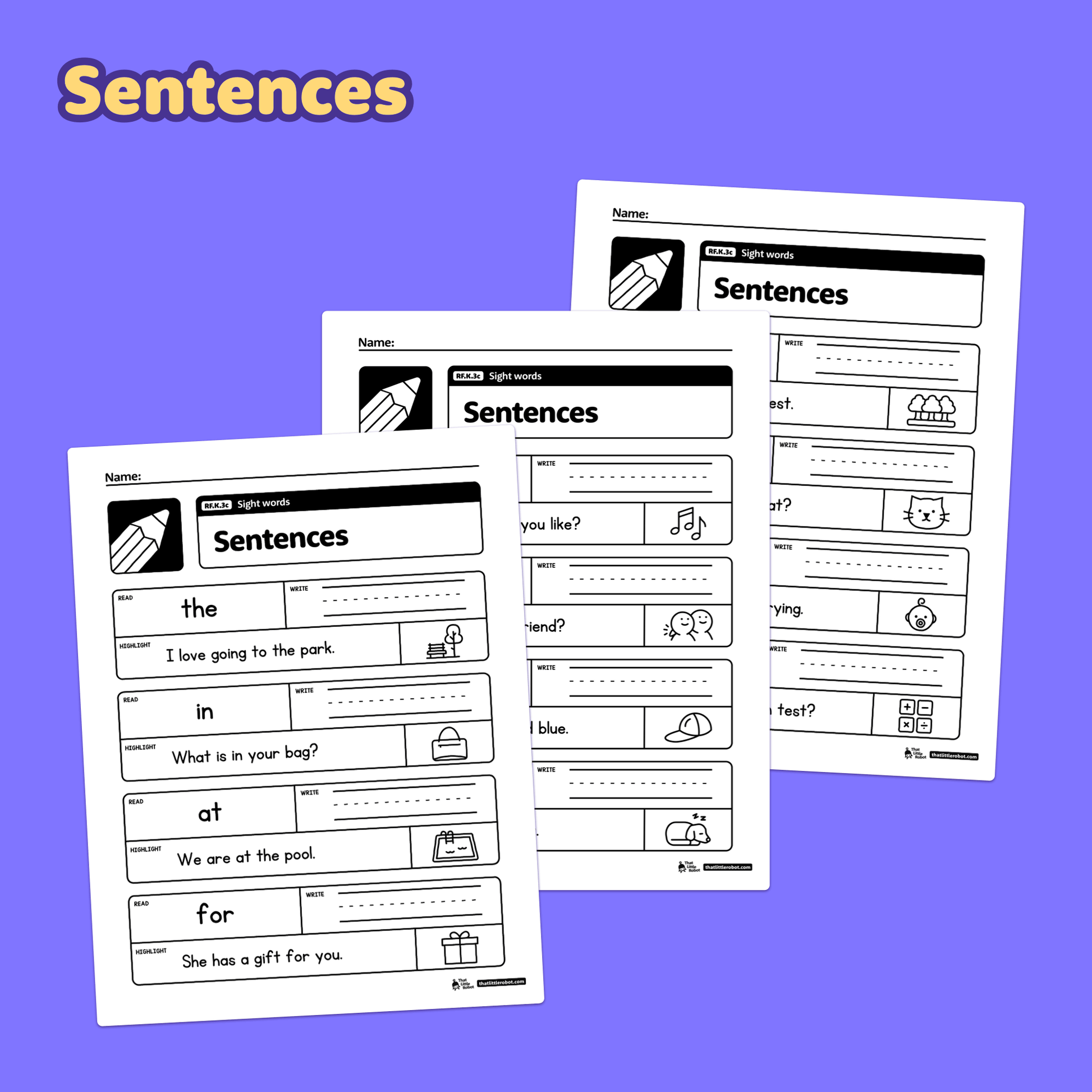 Three kindergarten sight word worksheets displayed side by side.