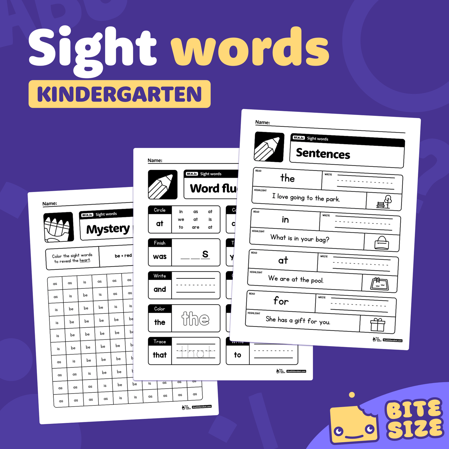 Printable worksheets for kindergarten sight words labeled RF.K.3c are displayed.