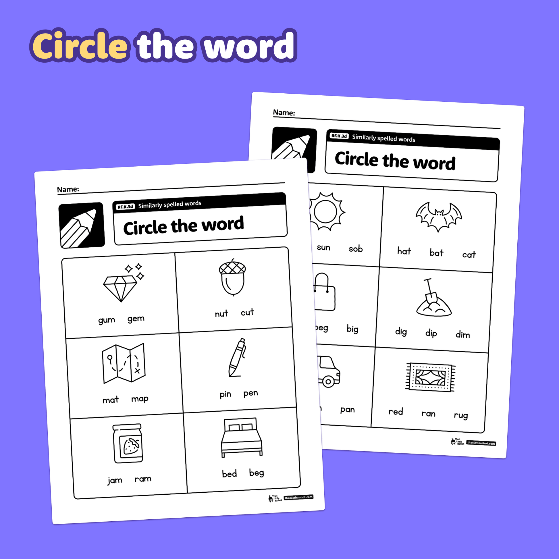 Two worksheets showing images and words for similarly spelled terms.