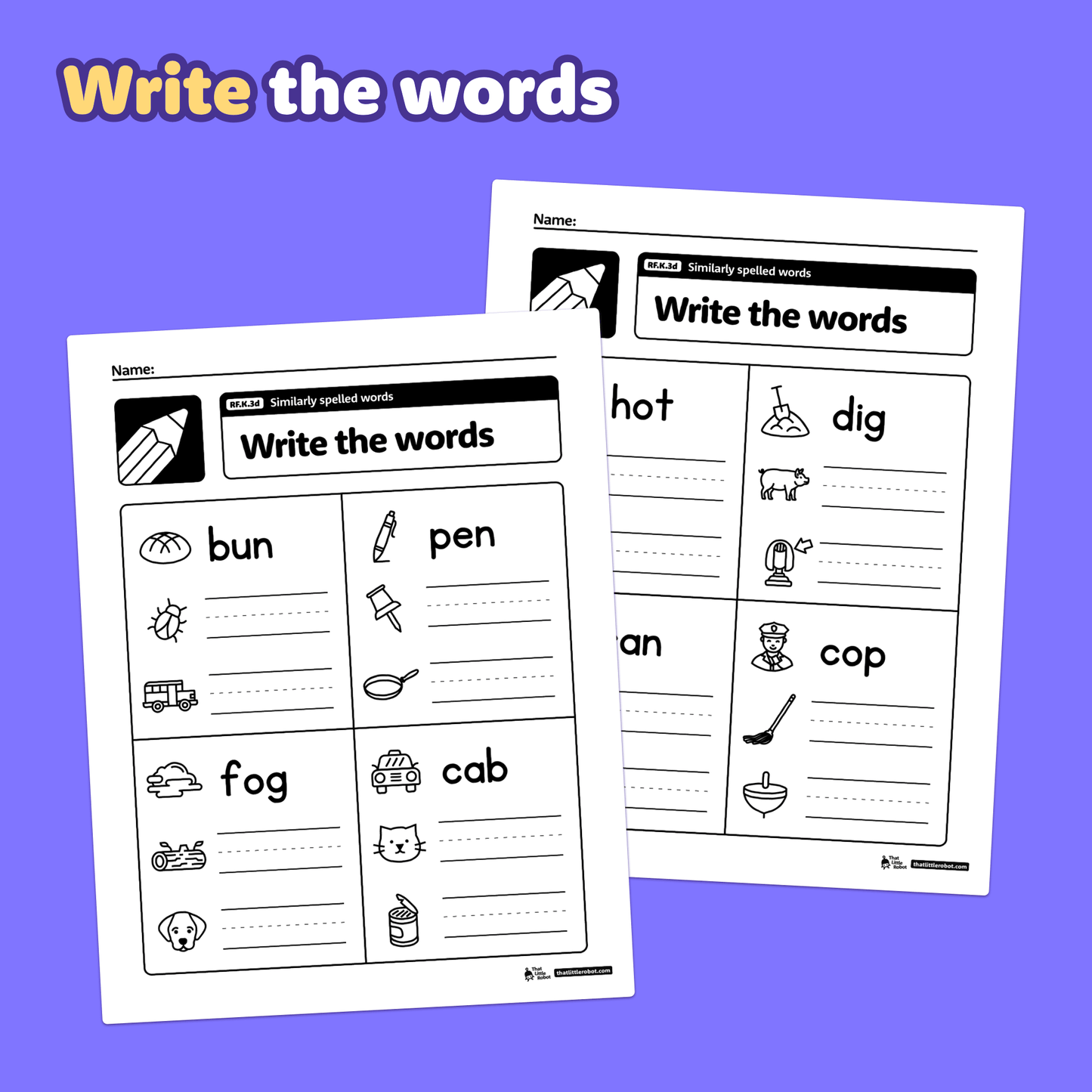 Worksheets show similarly spelled words with pictures and matching word prompts.
