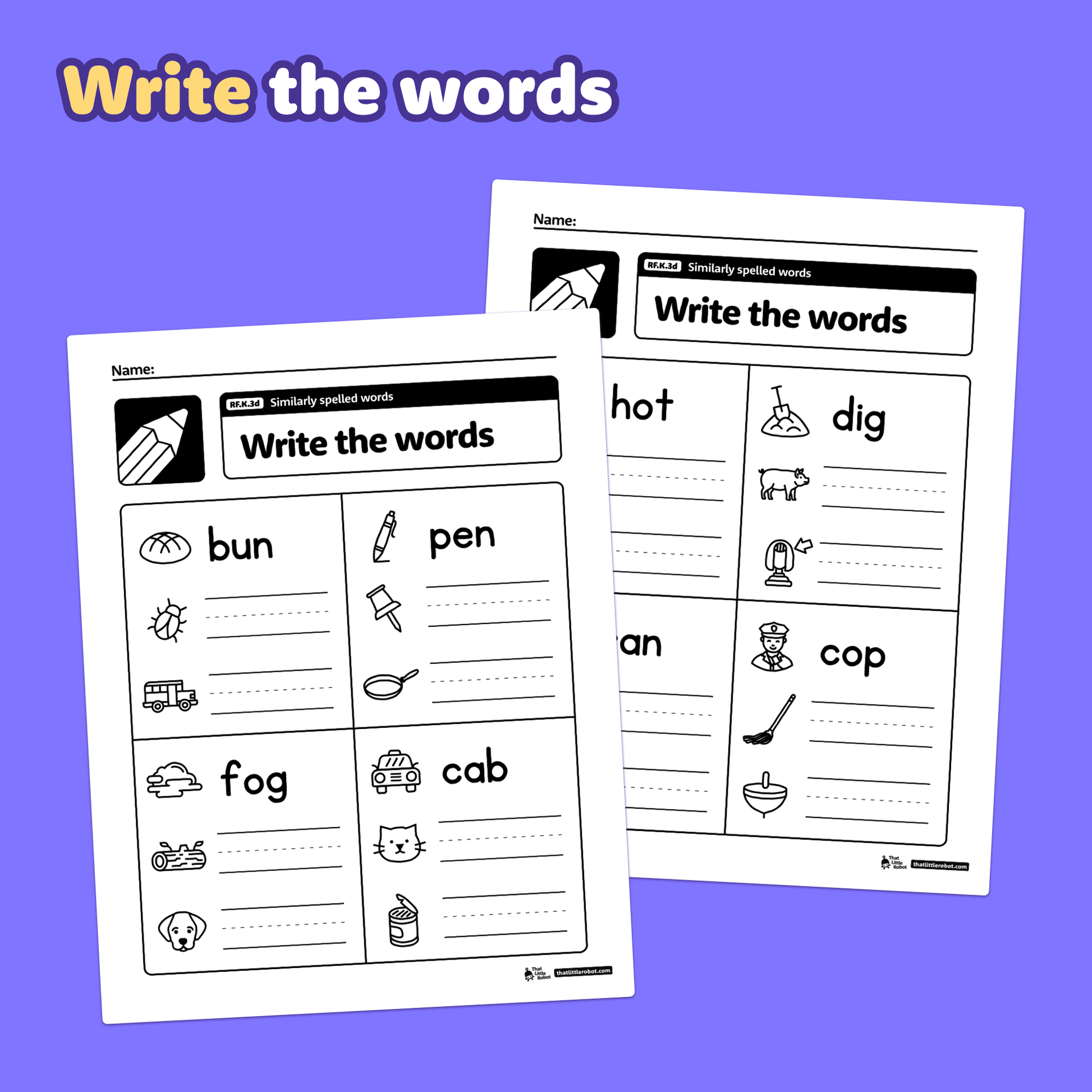 Worksheets show similarly spelled words with pictures and matching word prompts.