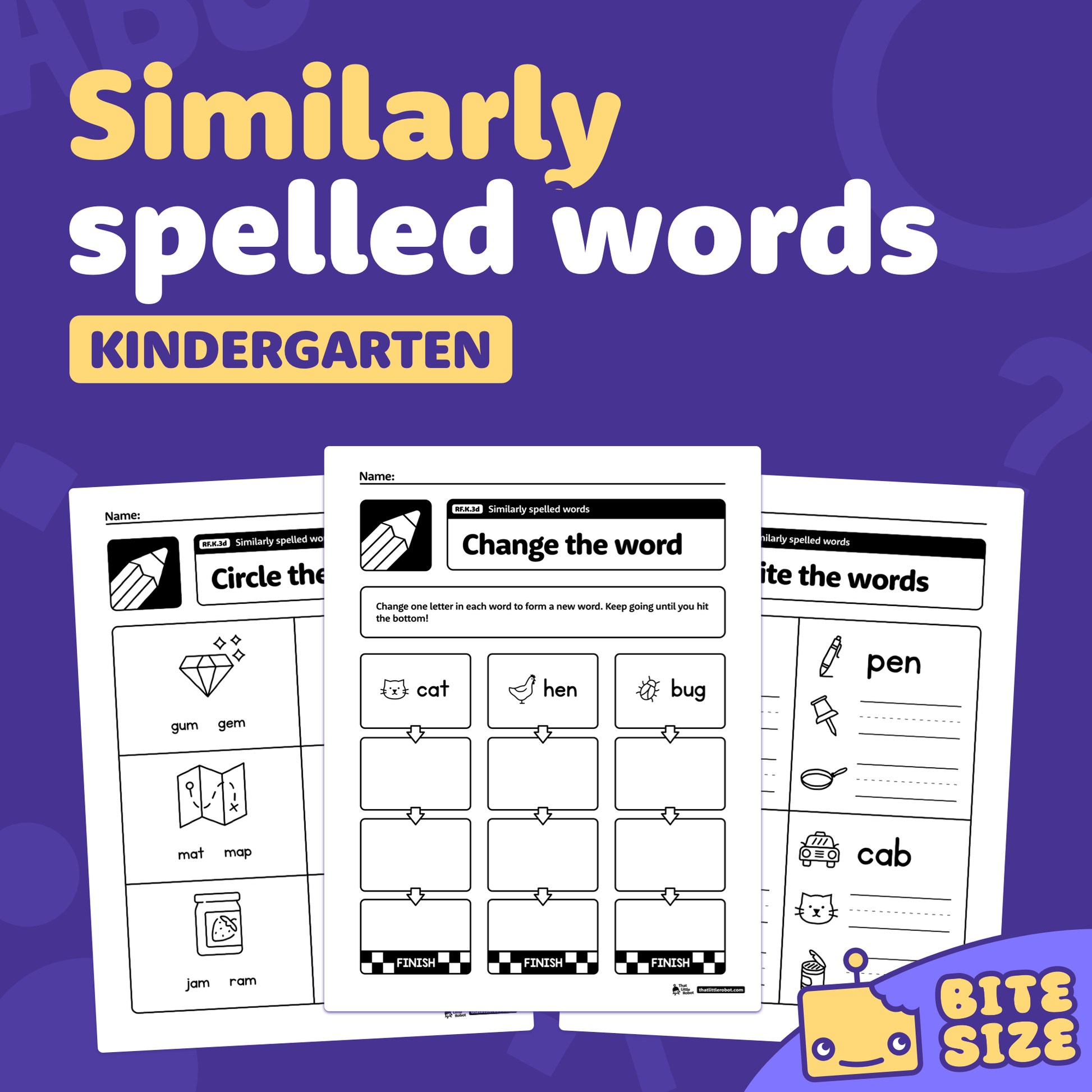Three kindergarten worksheets showing similarly spelled words and a Bite Size logo.