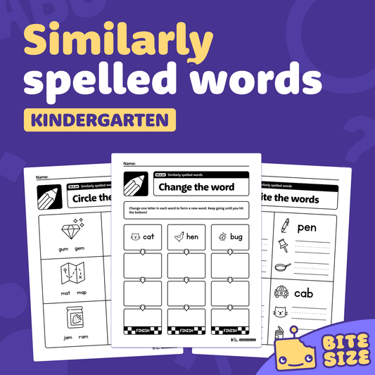 Three kindergarten worksheets showing similarly spelled words and a Bite Size logo.