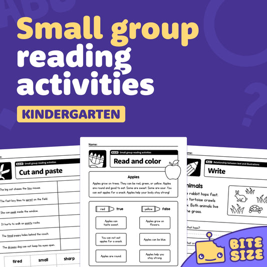 Printable PDF with kindergarten small group reading activity worksheets.