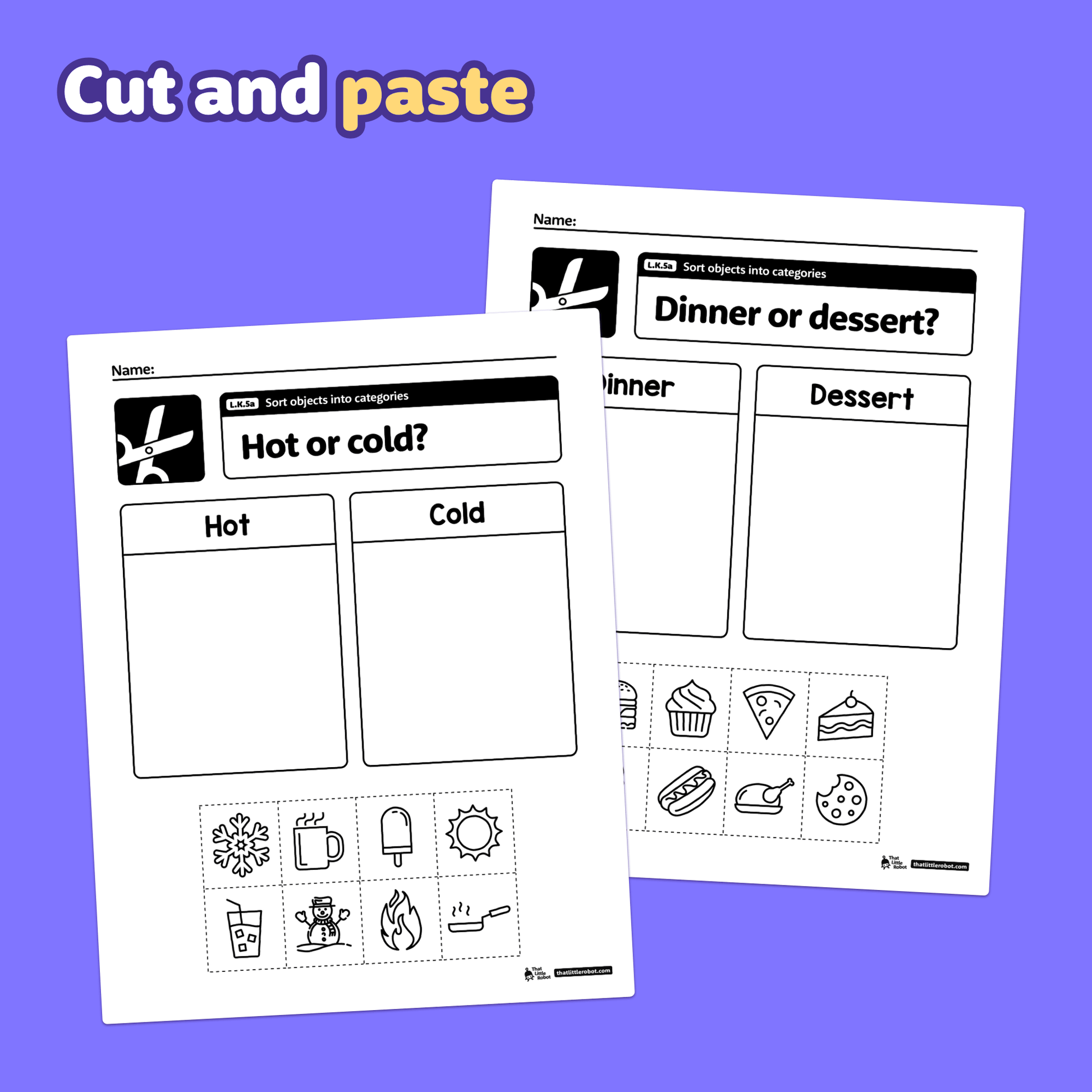 Printable kindergarten worksheets for sorting objects into categories.