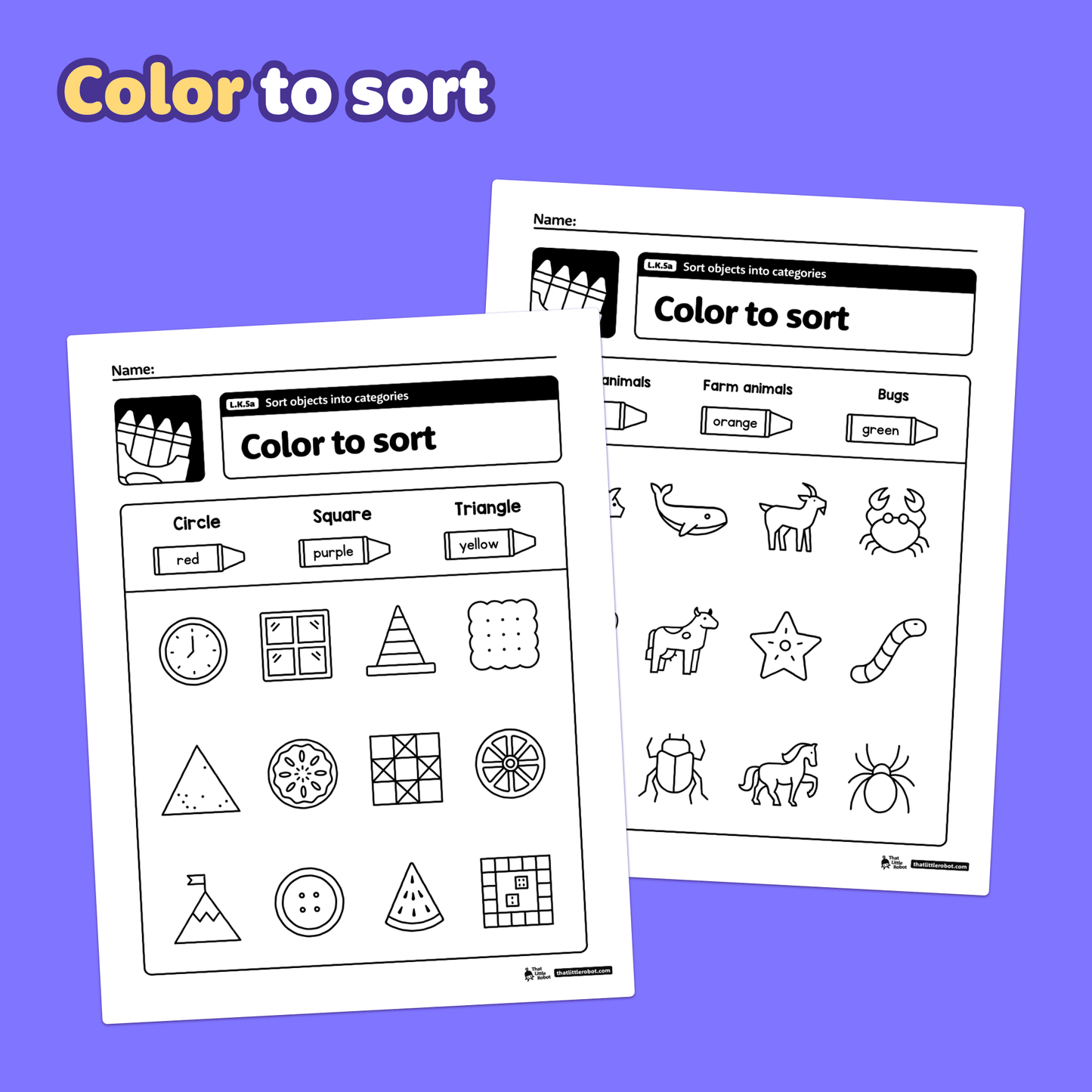 Kindergarten worksheets showing shapes and animals.