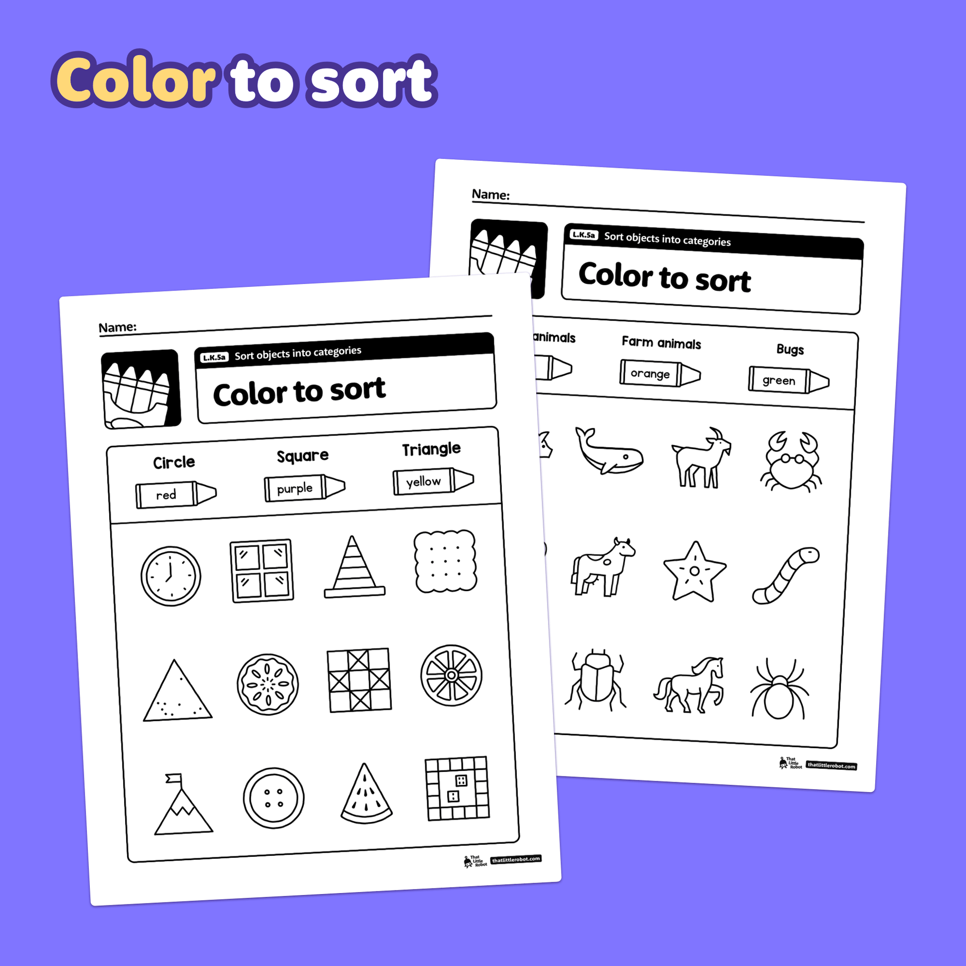 Kindergarten worksheets showing shapes and animals.