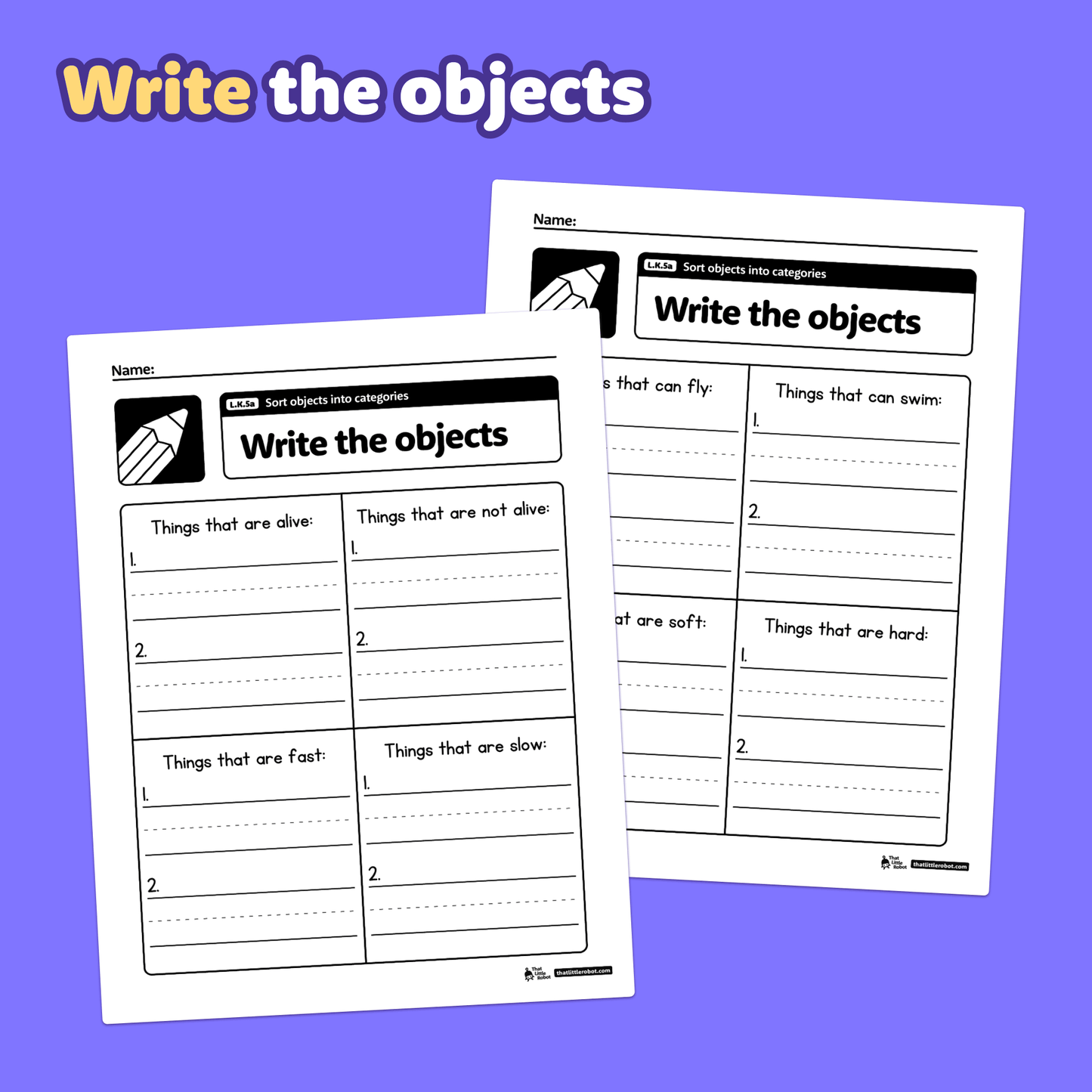 Two worksheets for sorting objects into categories for kindergarten students.