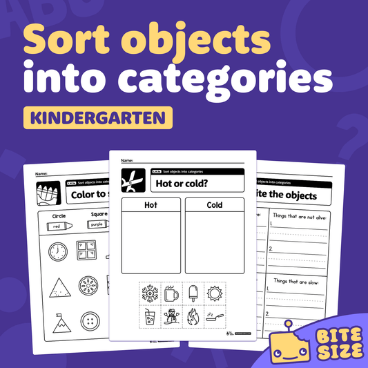 Printable PDF worksheets for sorting objects into categories for kindergarten.