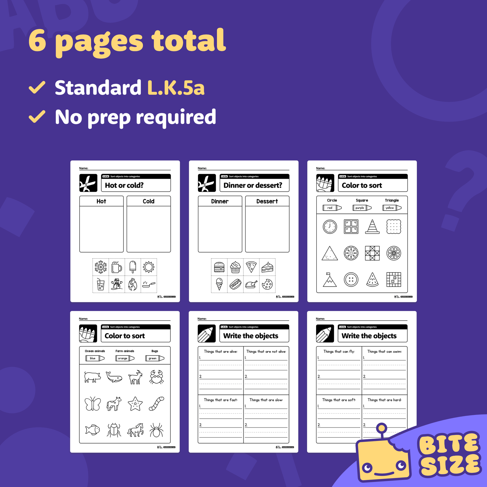 Six black and white worksheet pages for sorting objects into categories.