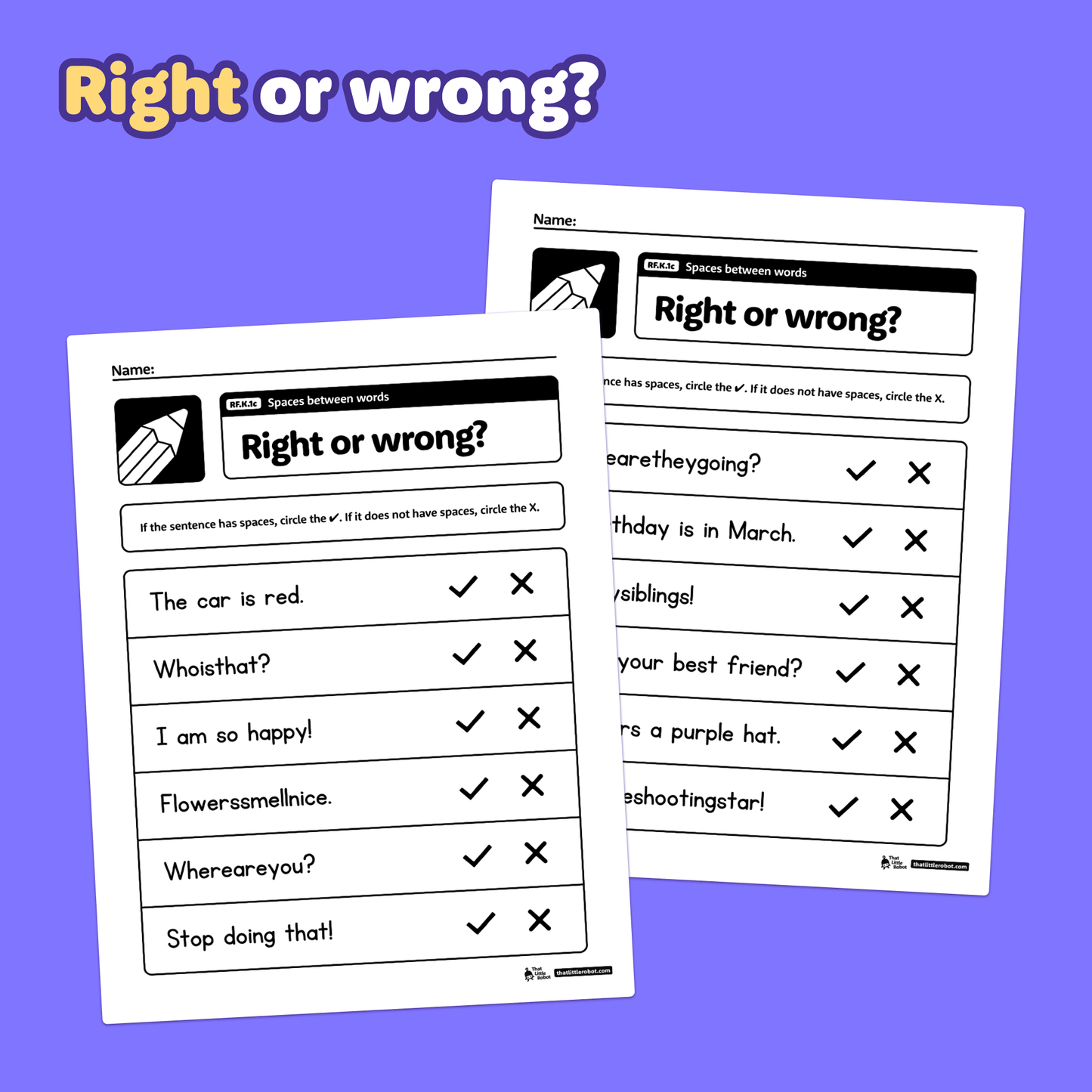Two worksheets with sentences for checking spaces between words.