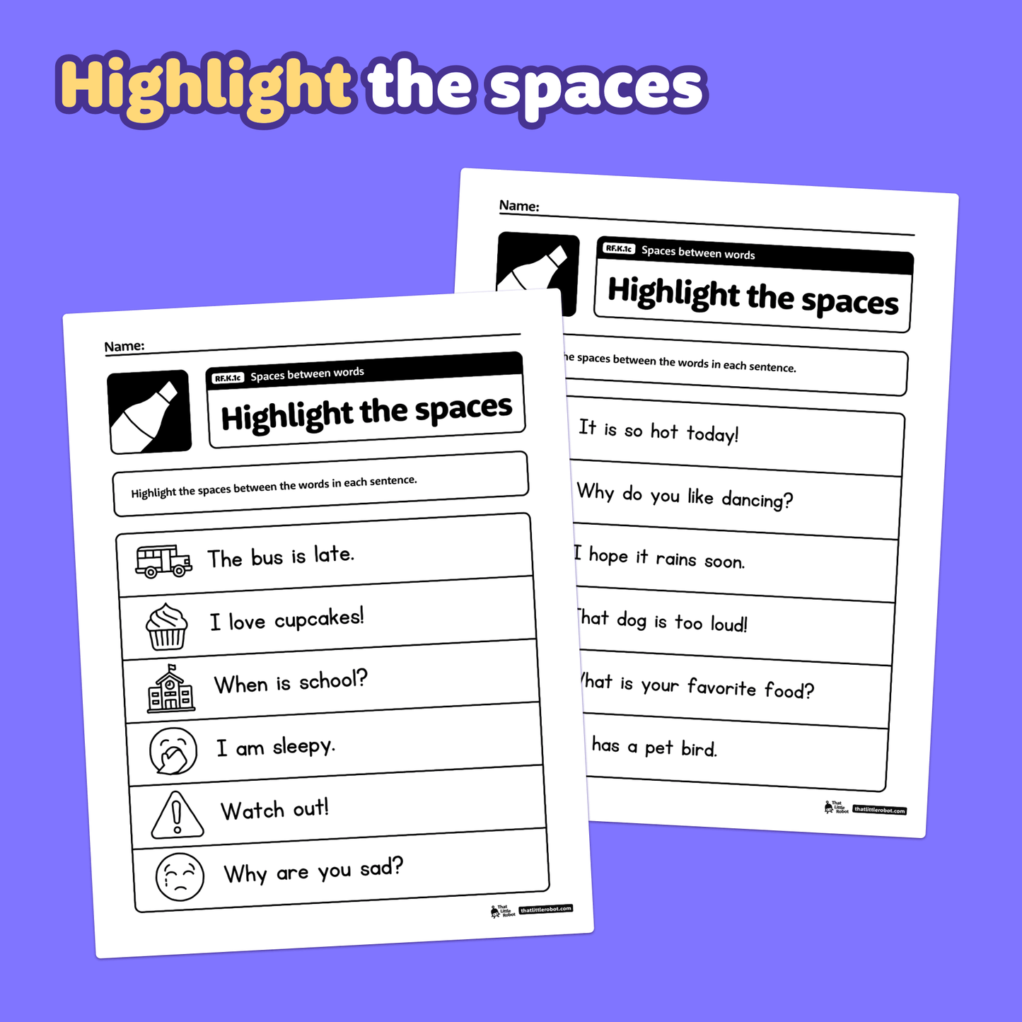 Printable kindergarten worksheets with activities for finding spaces between words.