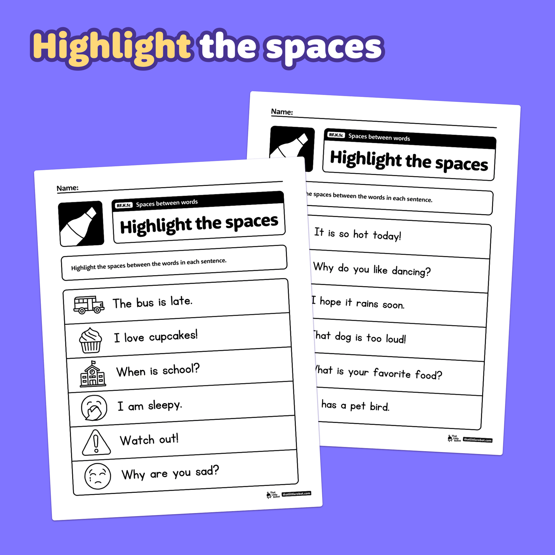Printable kindergarten worksheets with activities for finding spaces between words.