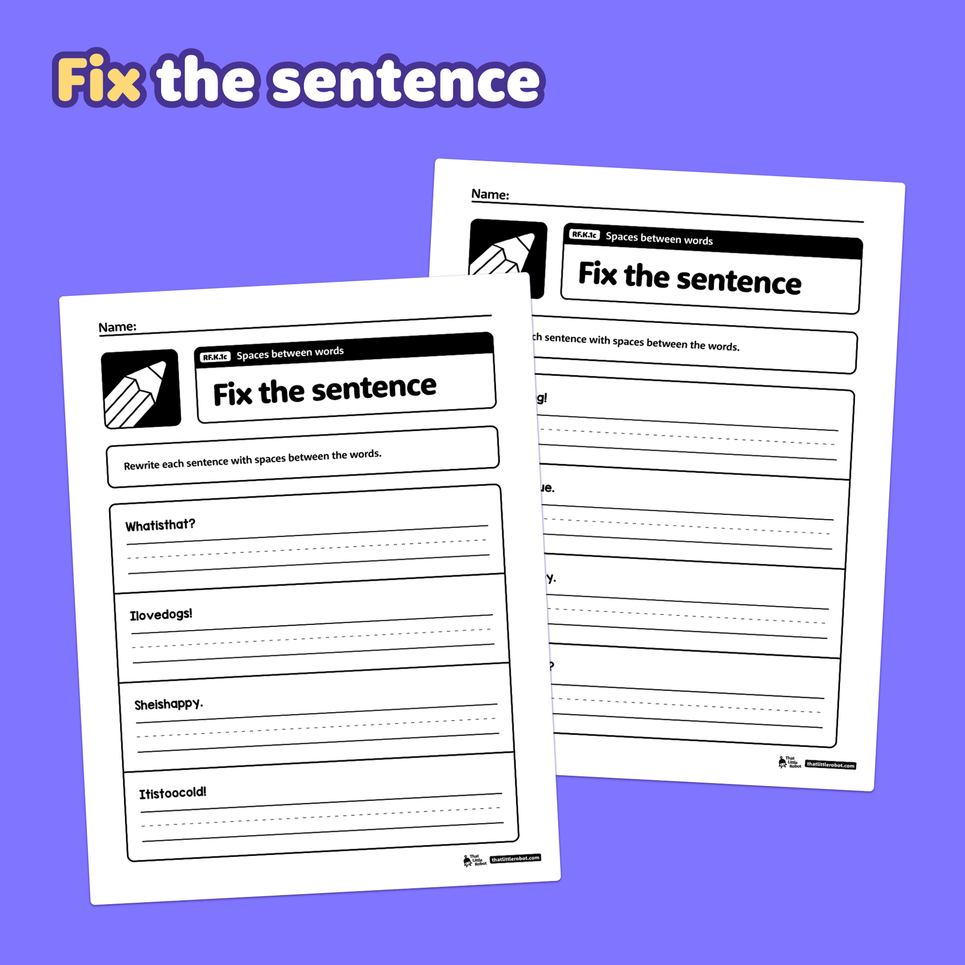Printable worksheets with lines and sentences for practicing spaces between words.