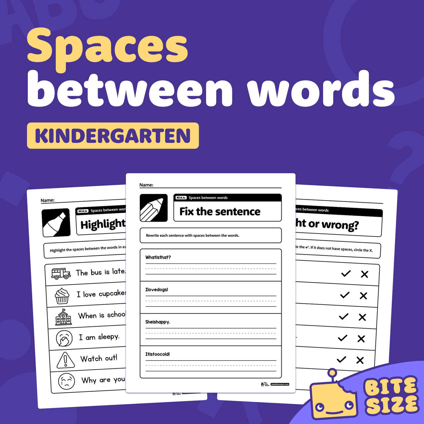 Worksheets showing activities for identifying spaces between words in sentences.