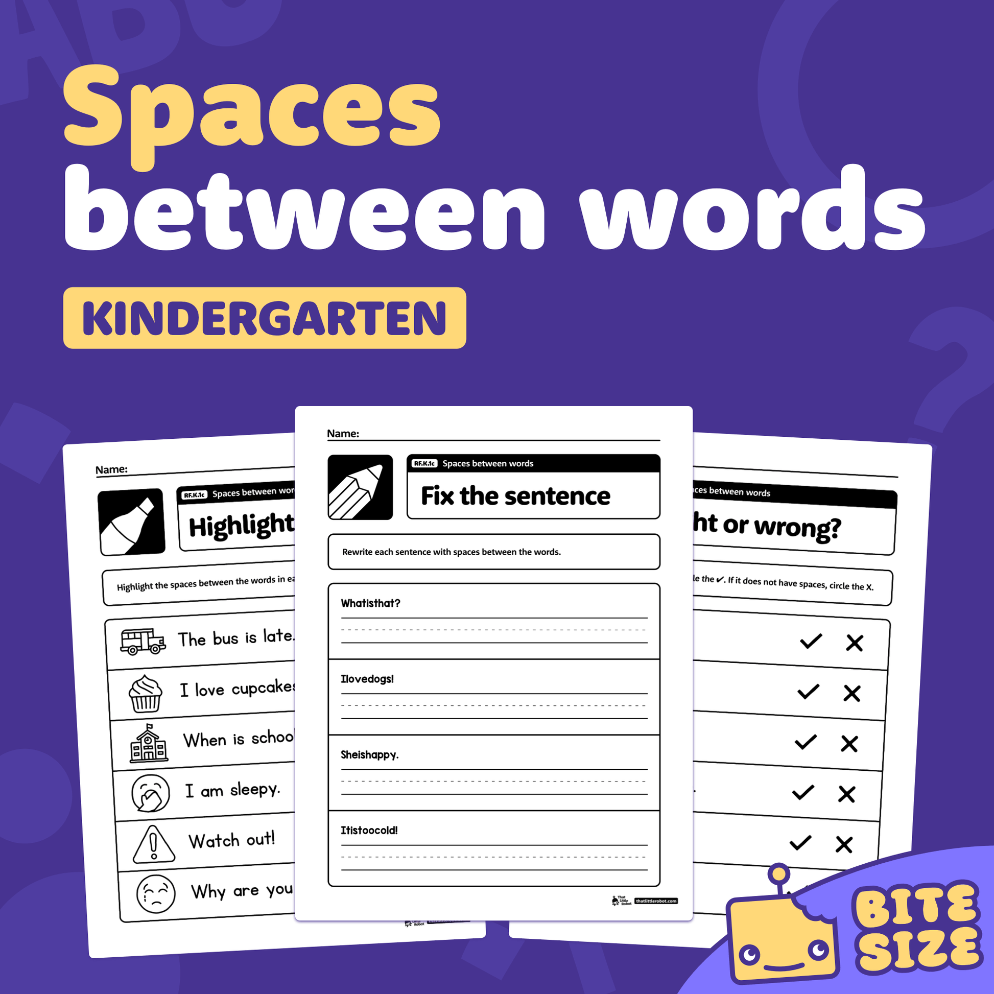Worksheets showing activities for identifying spaces between words in sentences.