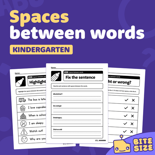 Worksheets showing activities for identifying spaces between words in sentences.