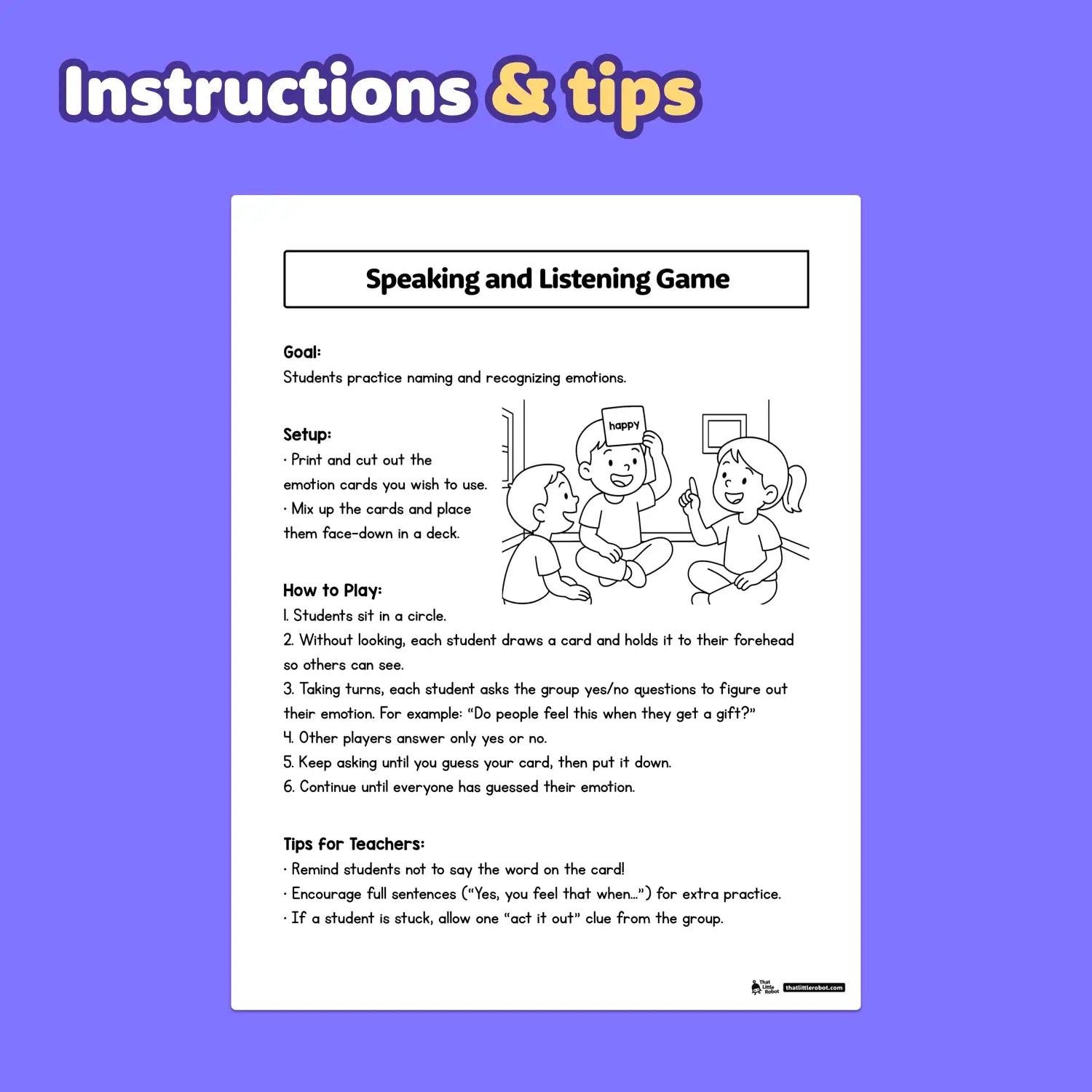 Instruction sheet for speaking and listening game with SL.K.6 listed at the top.