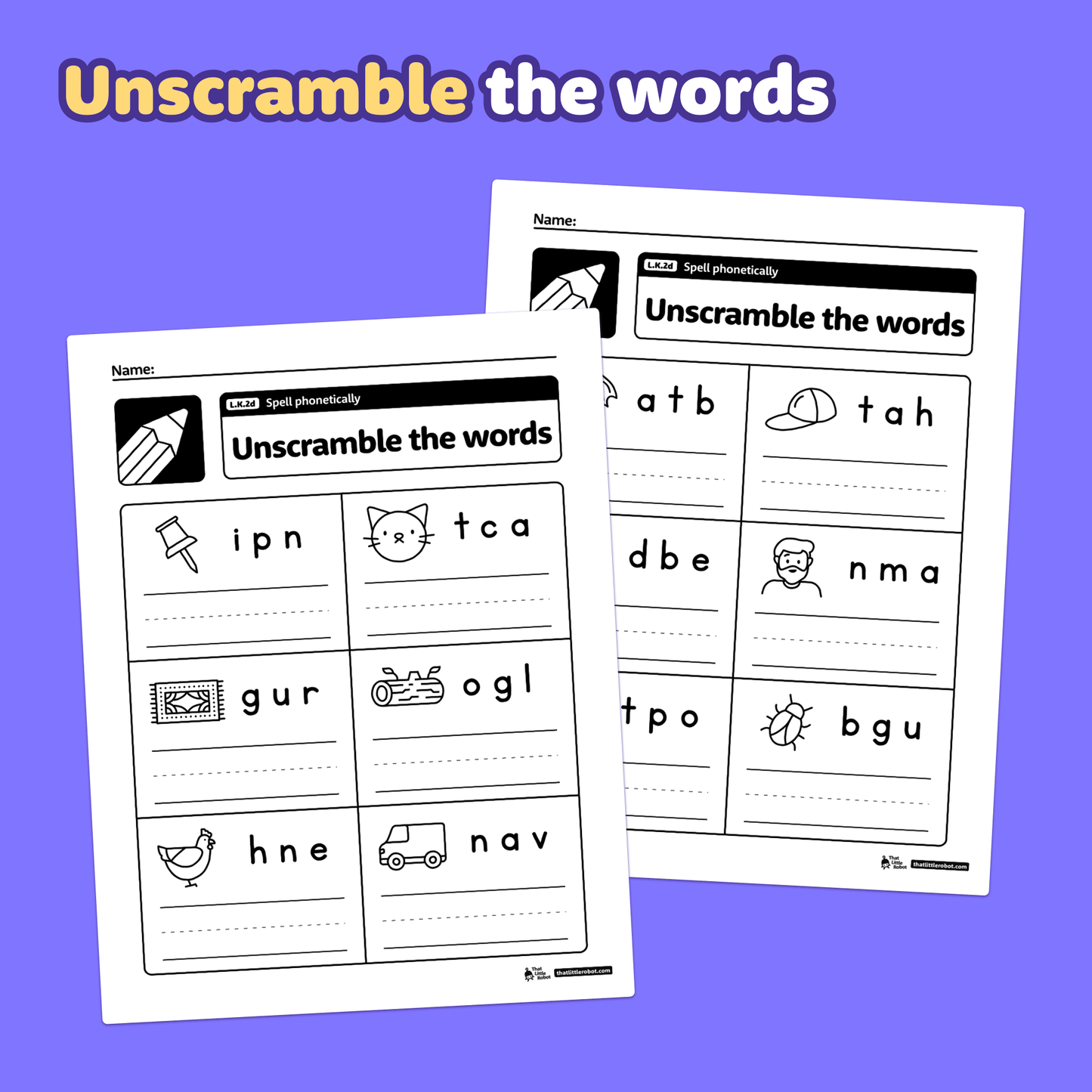 Worksheets show pictures with scrambled letters for kindergarten spelling.