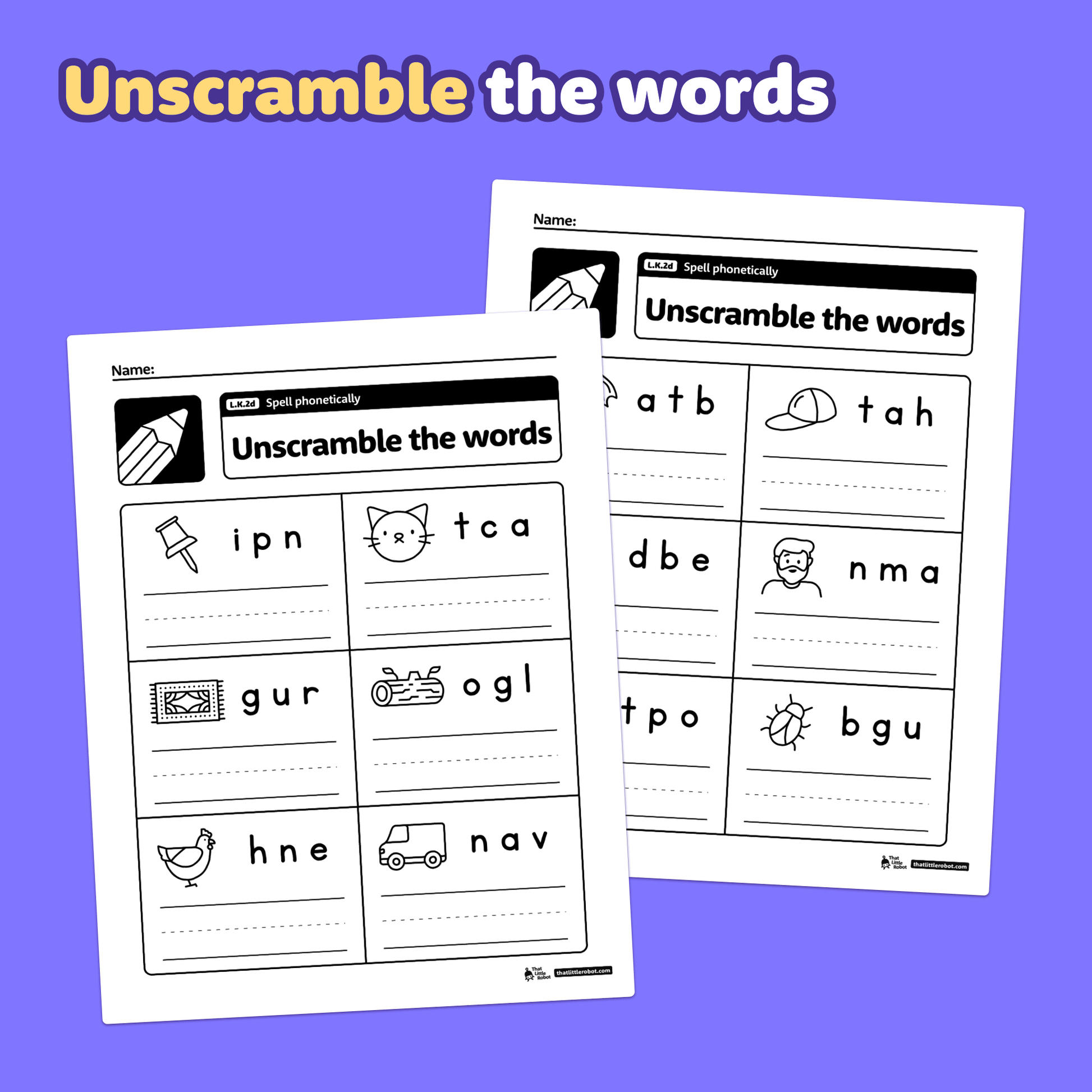 Worksheets show pictures with scrambled letters for kindergarten spelling.