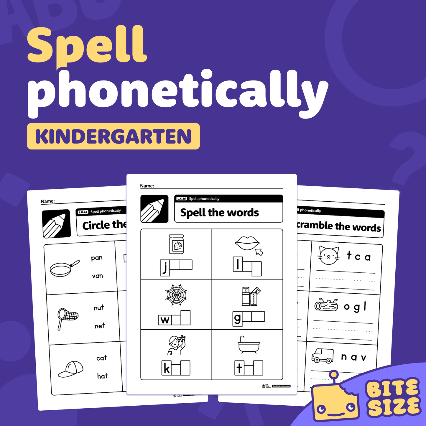 Printable kindergarten worksheets focused on phonetic spelling skills.