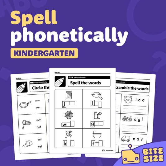 Printable kindergarten worksheets focused on phonetic spelling skills.