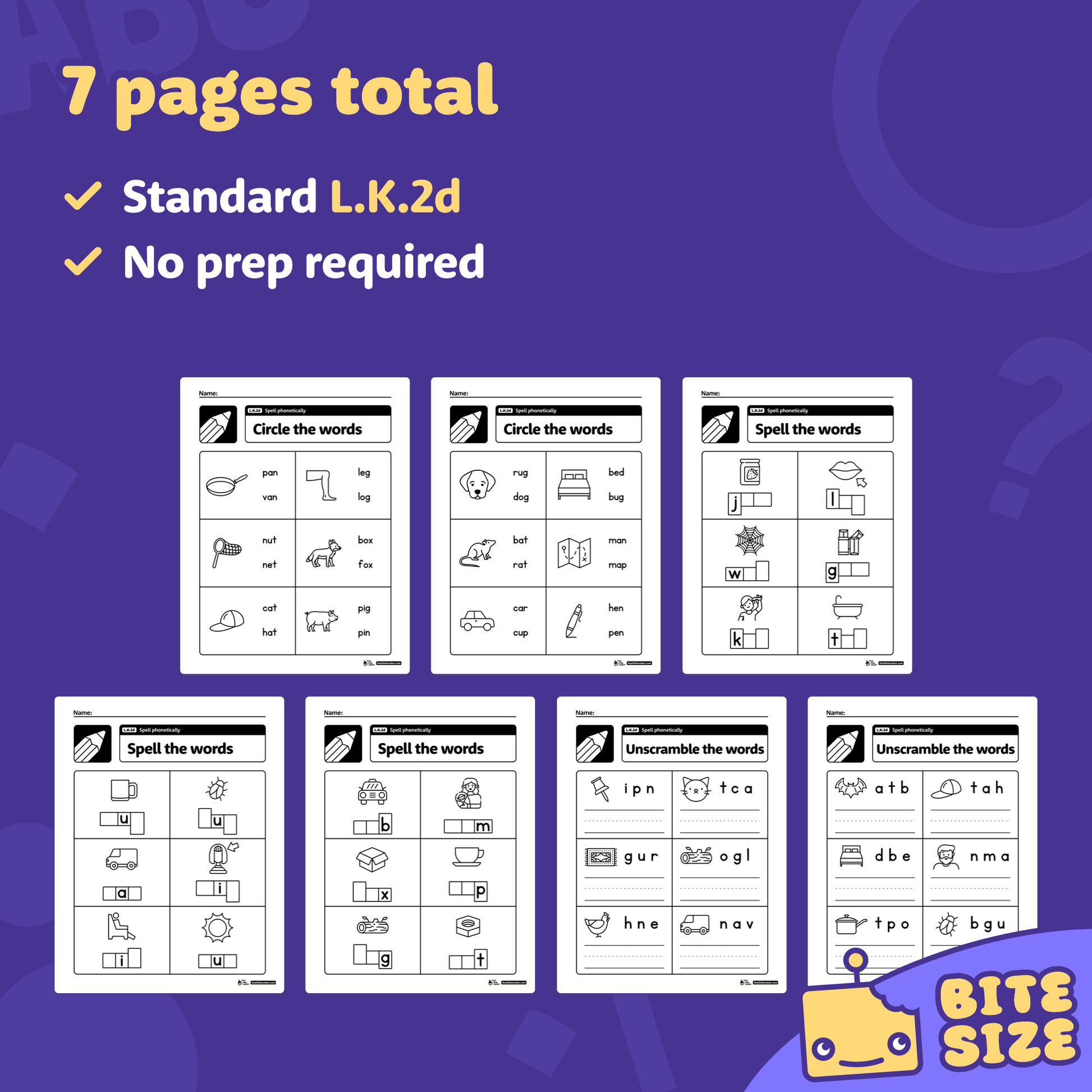 Preview of worksheets with spelling and phonics practice activities for kindergarten.