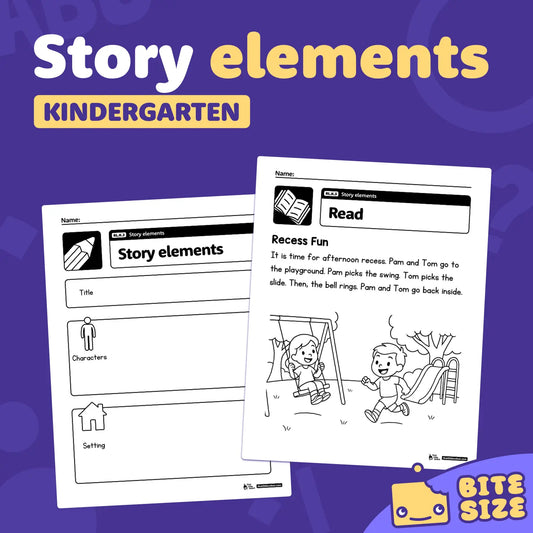 Printable worksheets showing story elements with cartoon kids and a playground.