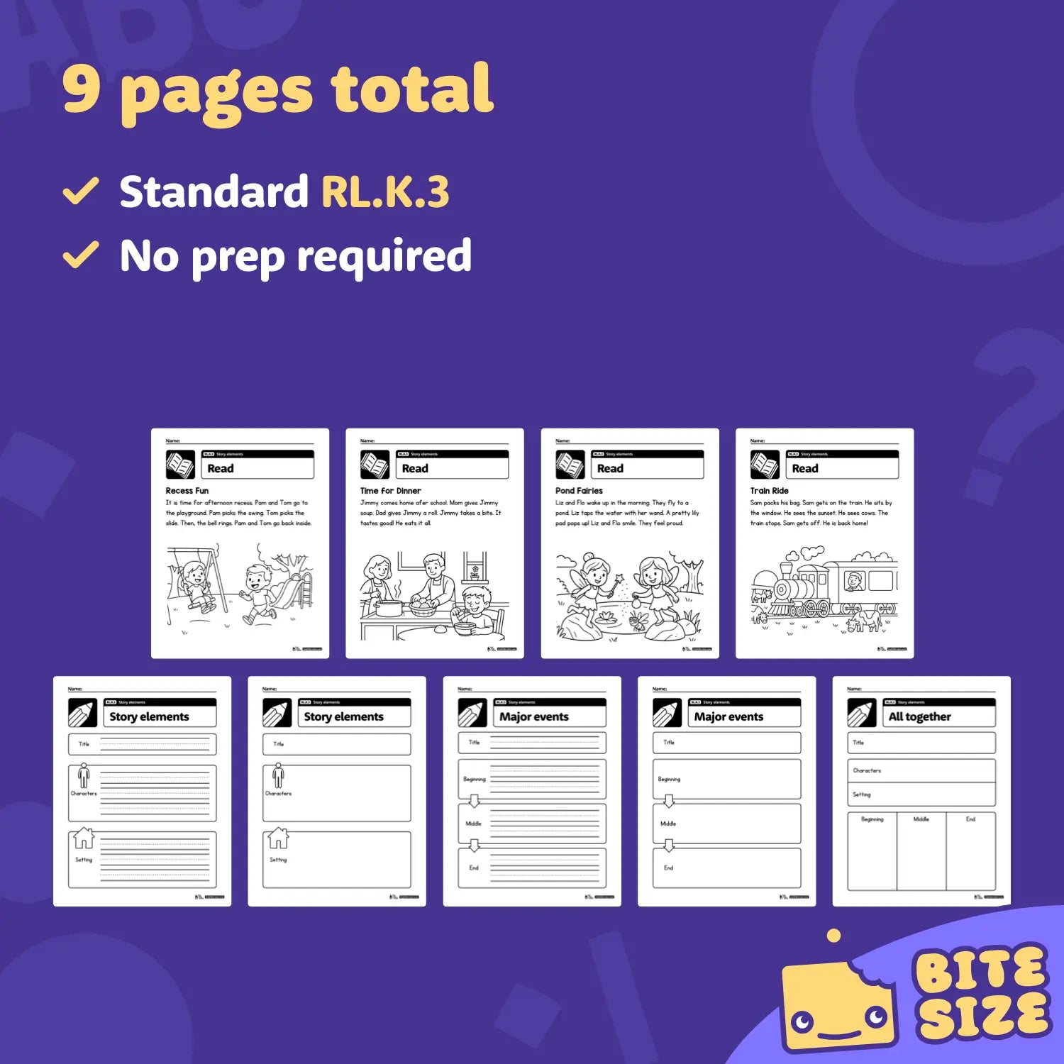 Nine kindergarten story elements worksheets displayed as a printable PDF preview.