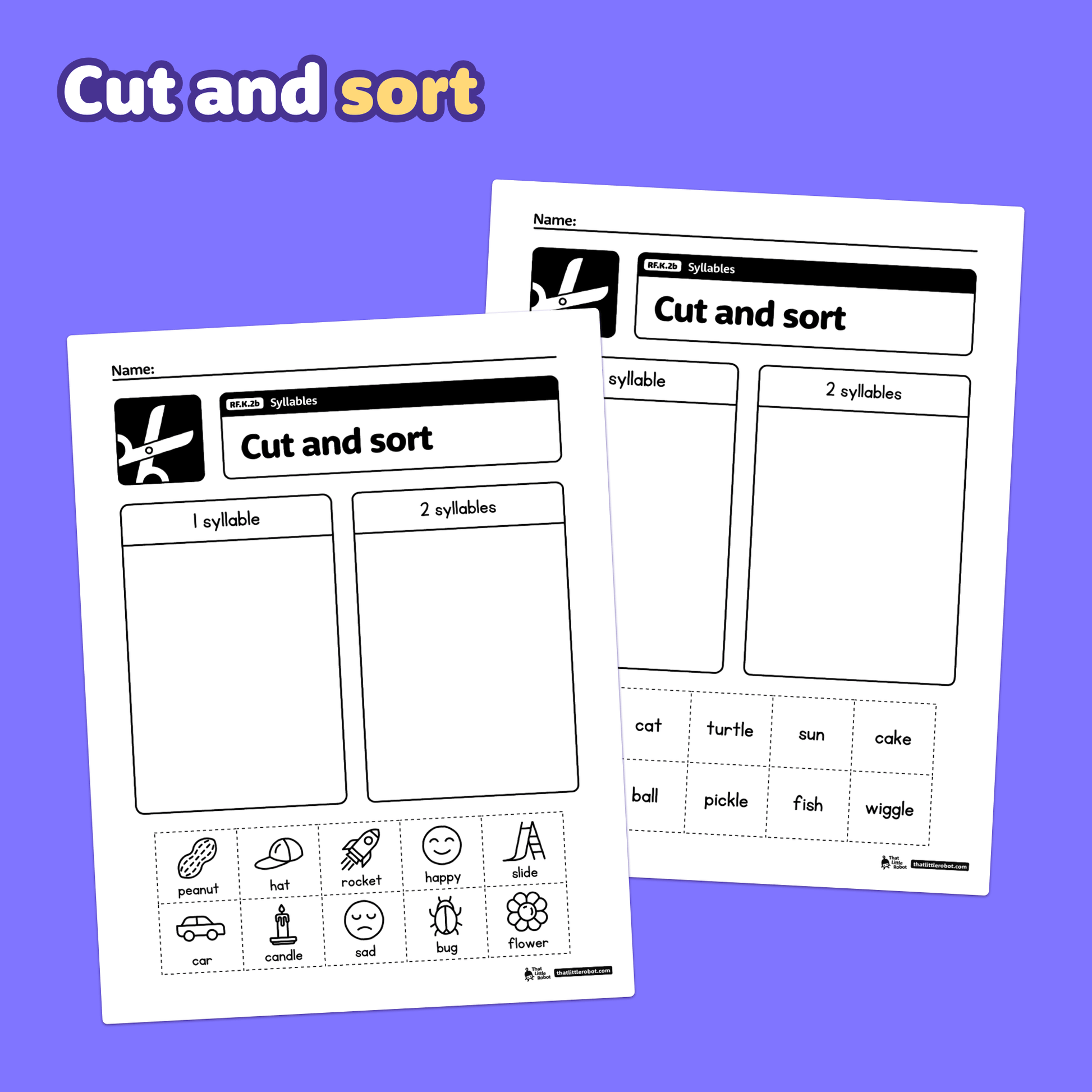 Three kindergarten worksheets about counting and identifying syllables.