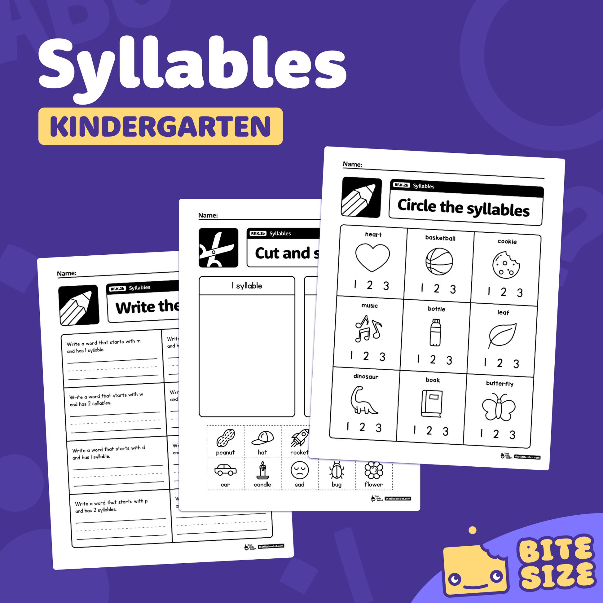 Kindergarten syllable worksheets with "Bite Size" logo and RF.K.2b label.