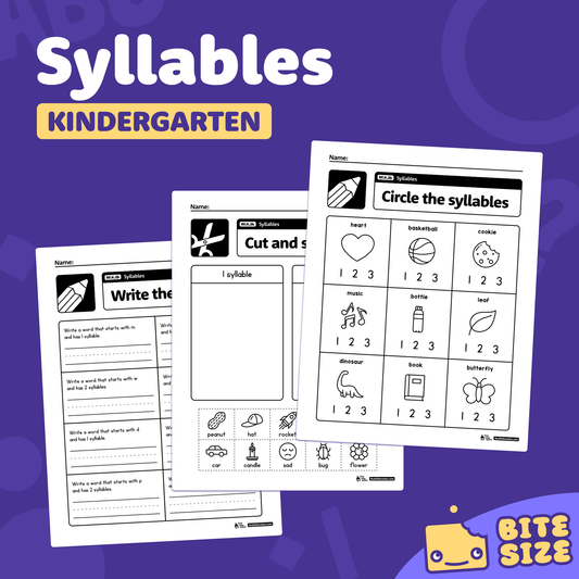 Kindergarten syllable worksheets with "Bite Size" logo and RF.K.2b label.