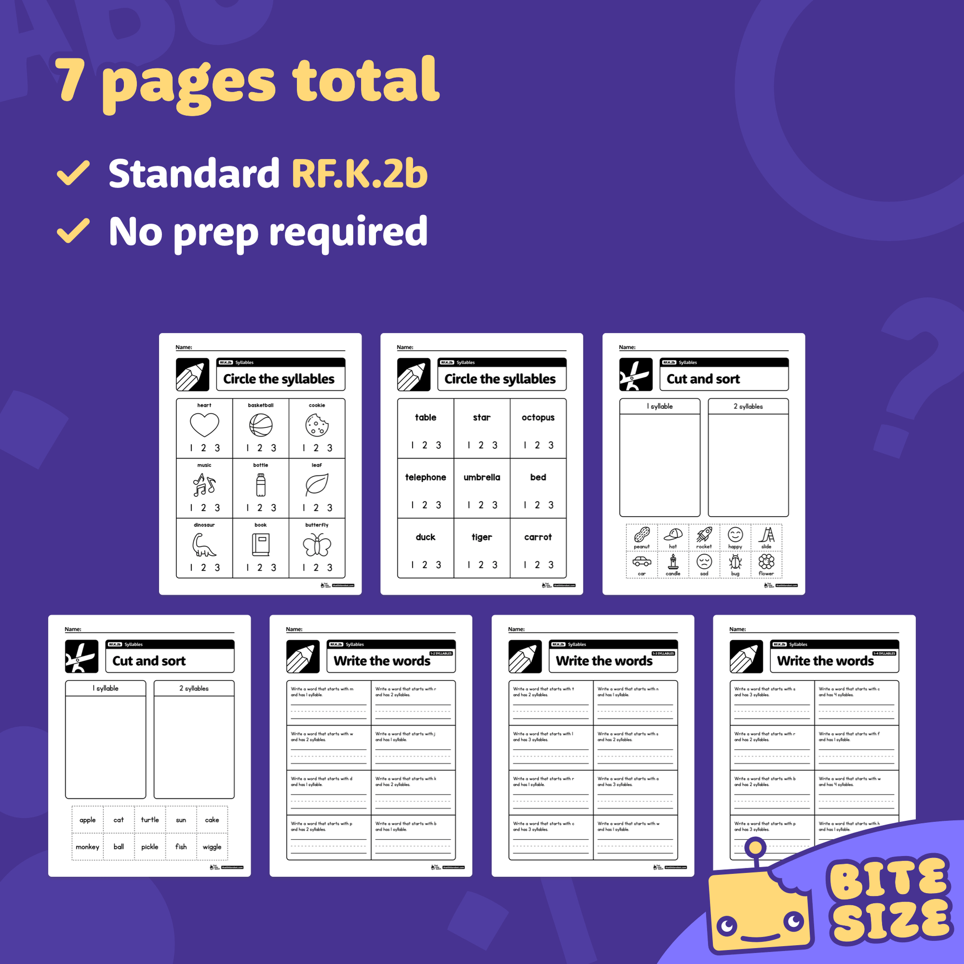 Preview of seven kindergarten worksheets with syllable counting activities.