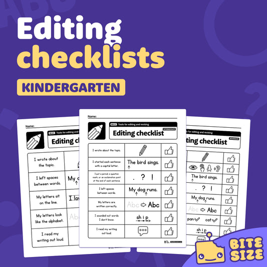 Editing checklists for kindergarten with text and related icons shown.